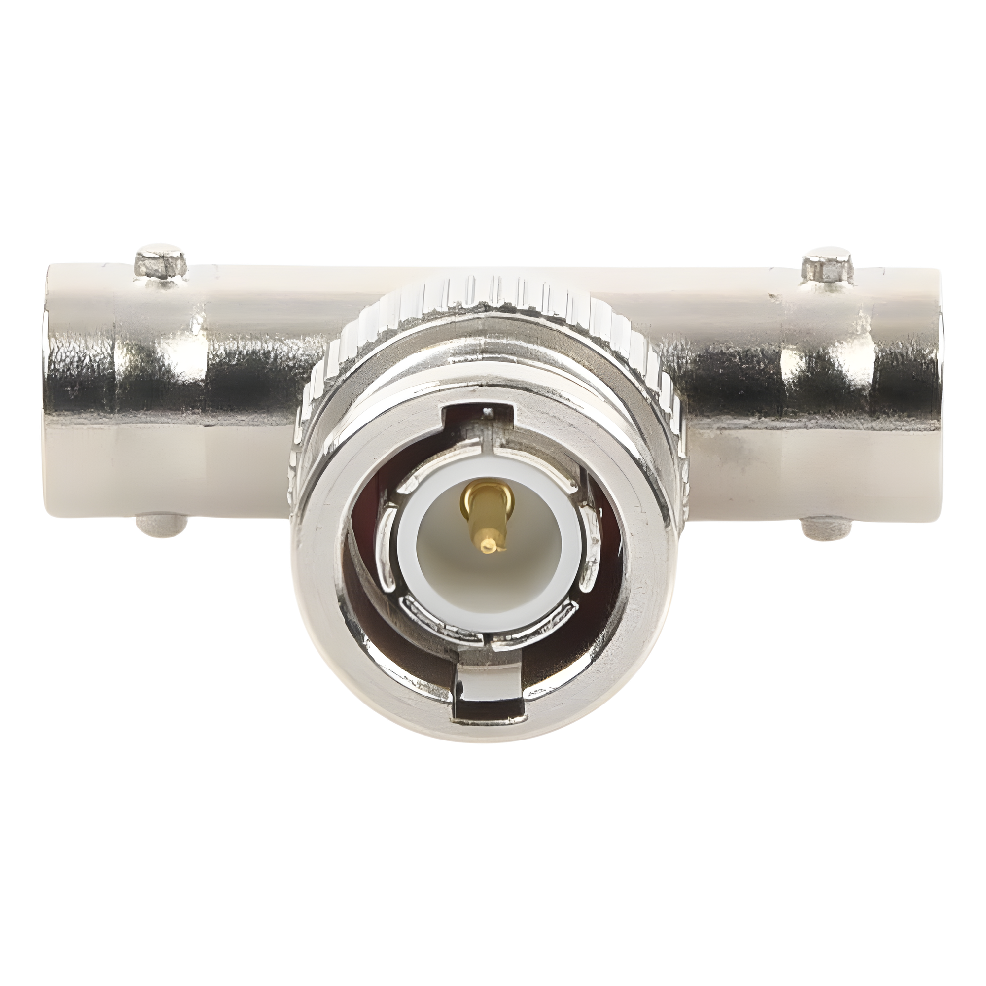 Adaptador RF en T / BNC Macho a Doble BNC Hembra / 50 Ohm / Cuerpo Troquelado Niquelado / Contacto Oro / Aislante Delrin