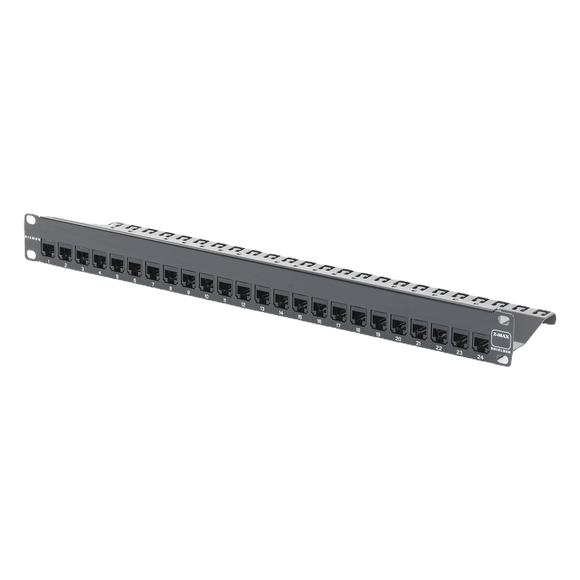 Patch Panel / Blindado / 24 Puertos / Modular Vacío / Plano / 1UR / Cat 6A / Acero 18 Gauge — SIEMON · SKU ZS-PNL-24E