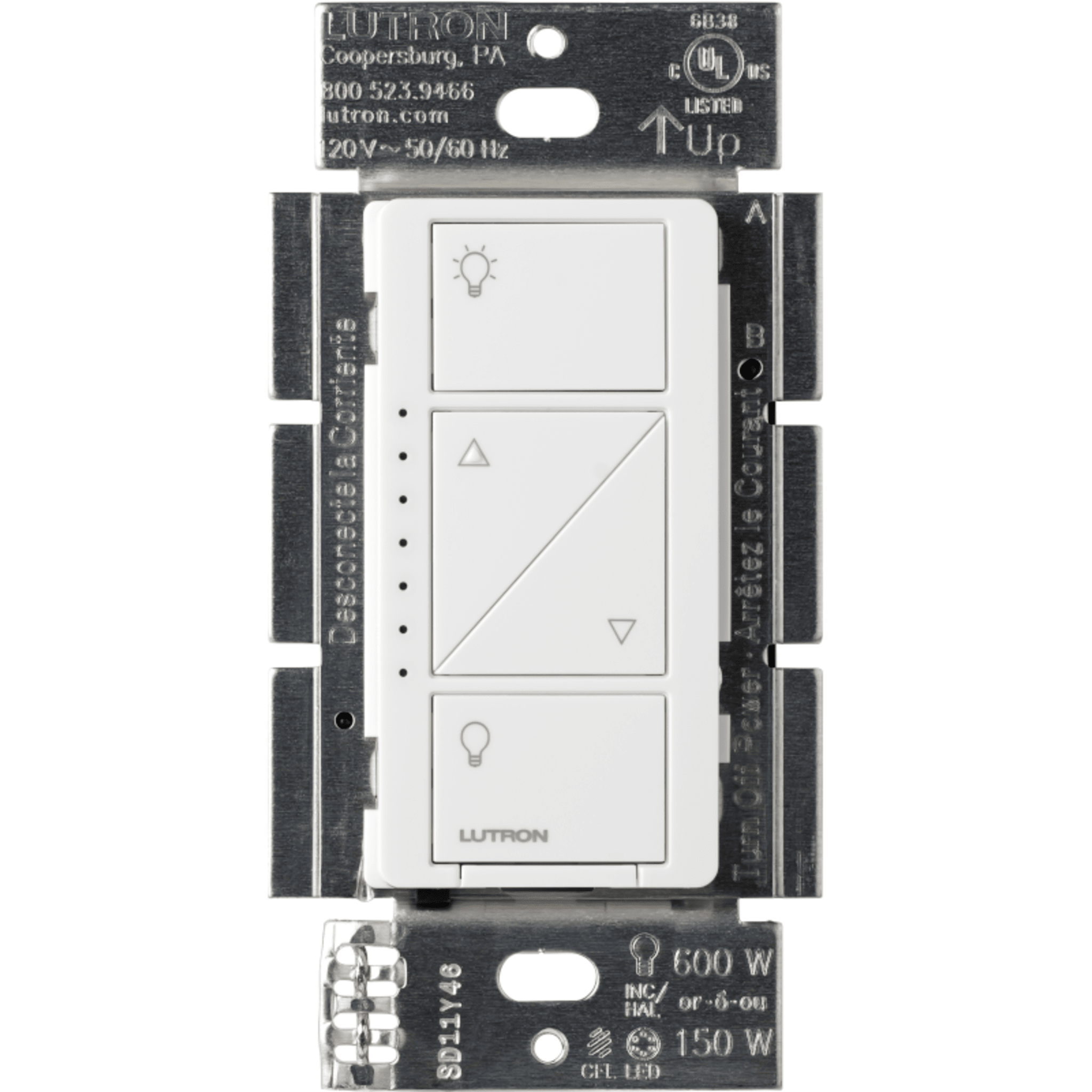 (Caseta Wireless) Atenuador de pared. Aumenta/Disminuye Intensidad de Iluminación.  No requiere cable neutro. 150W LED / 600W INC/HAL