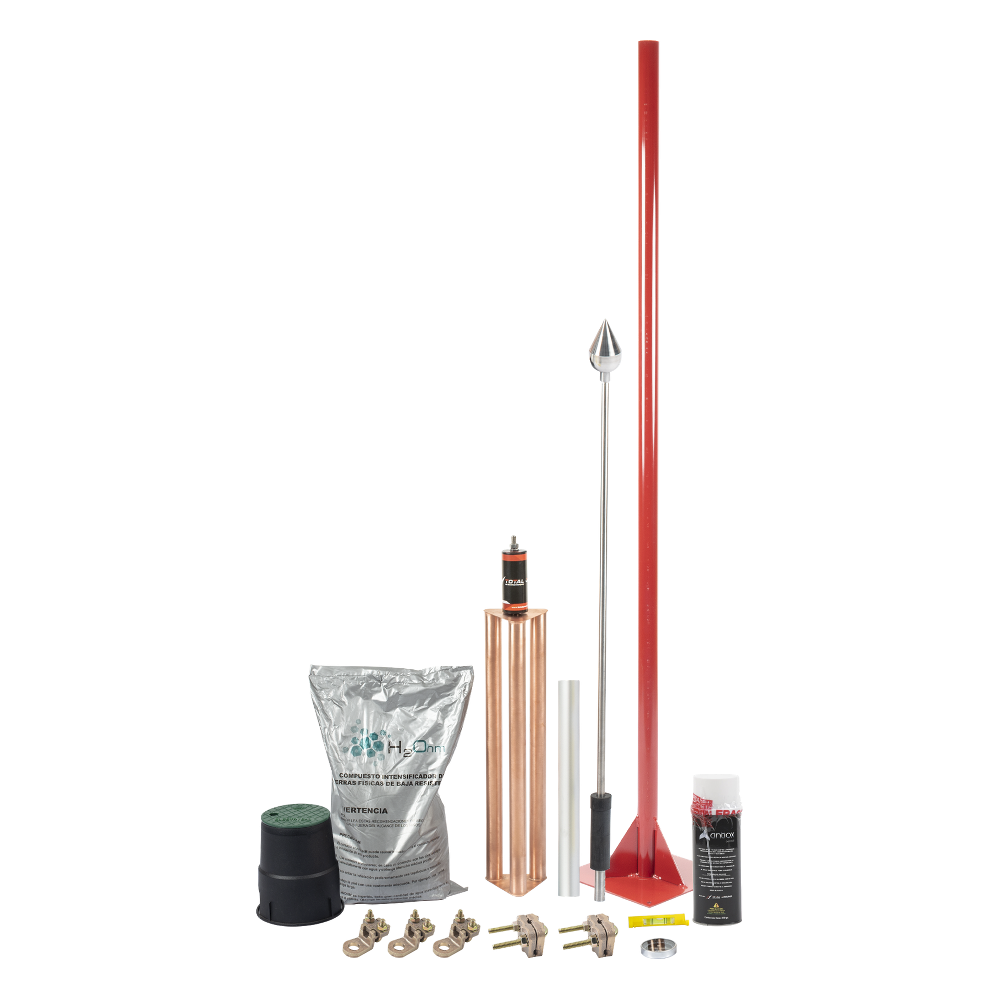 Kit Pararrayos / Protección 80 m (262.5 ft) de Diámetro / Punta con Mástil 1.2 m (3.9 ft) / Electrodo 100A / Mejorador de Suelo H2OHM / Conectores de Bronce / Aluminio Magnetoactivo — TOTAL GROUND · SKU KIT-MASTER-ALU-V2