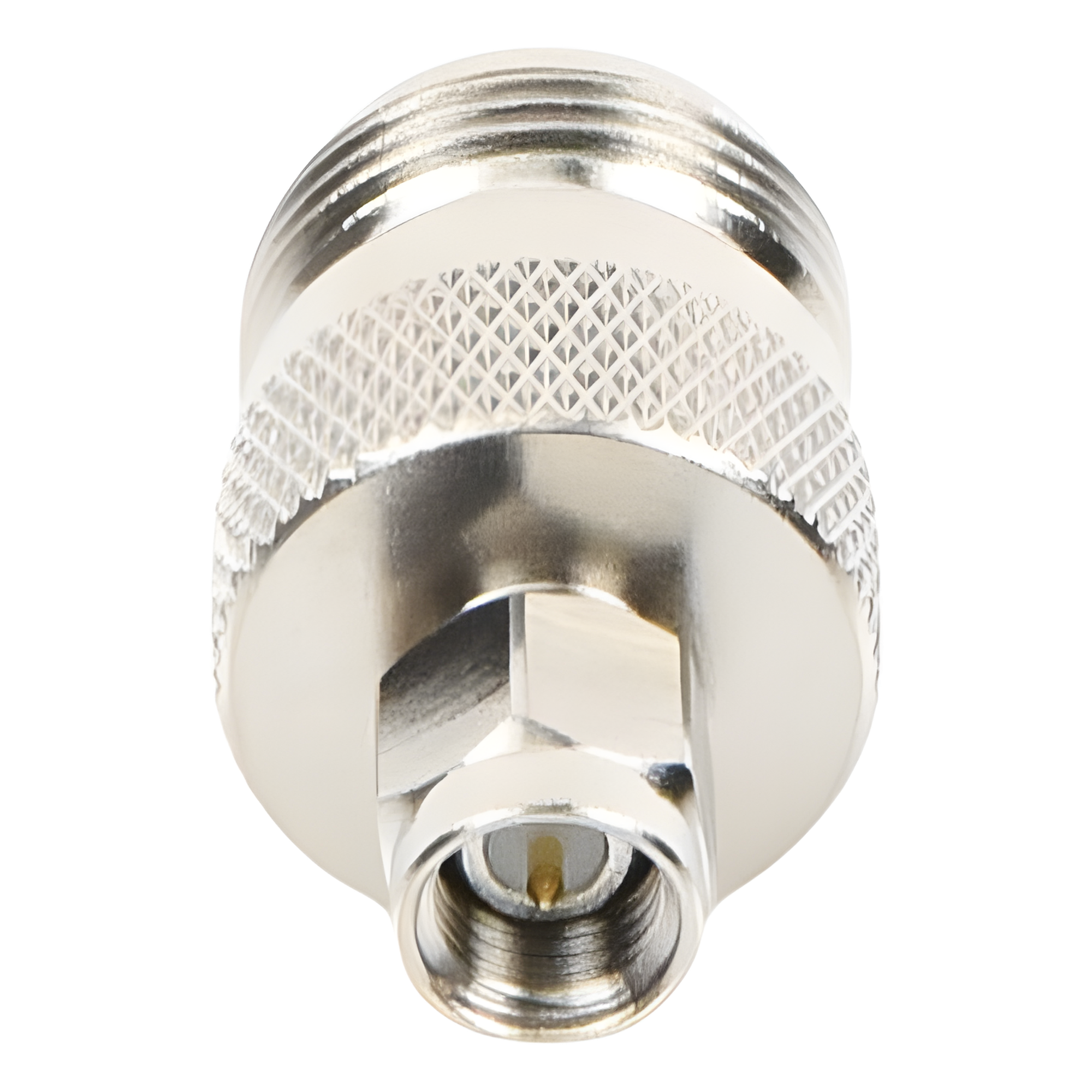 Adaptador RF Coaxial / SMA Macho a N Hembra / En Línea / Cuerpo Bronce Niquelado / Contacto Oro / Aislante Teflón