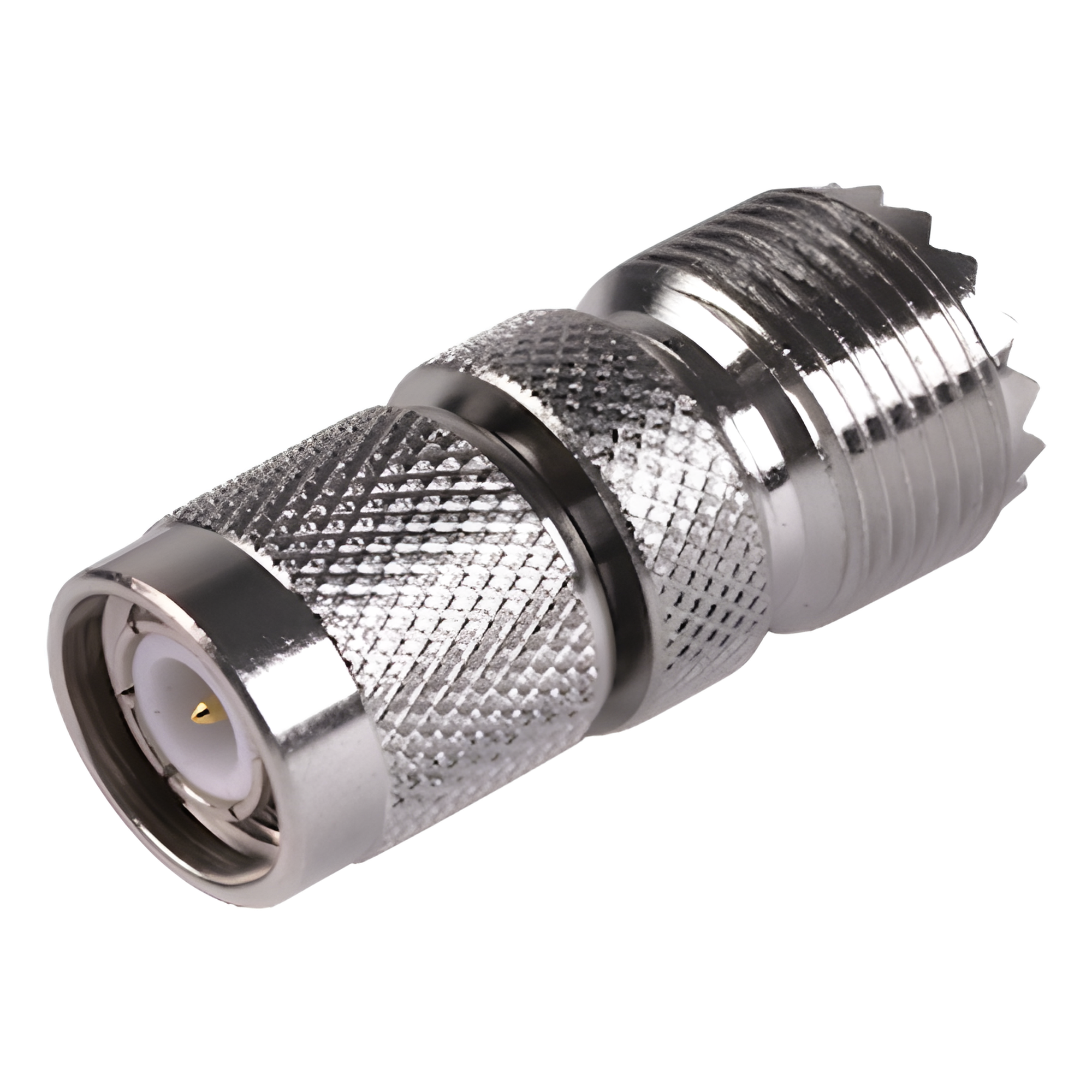 Adaptador de Conector RF / TNC Macho a UHF Hembra SO-239 / Montaje en Línea / Cuerpo Bronce Niquelado / Contacto Oro / Aislante Teflón — RF INDUSTRIES,LTD · SKU RFT-1235