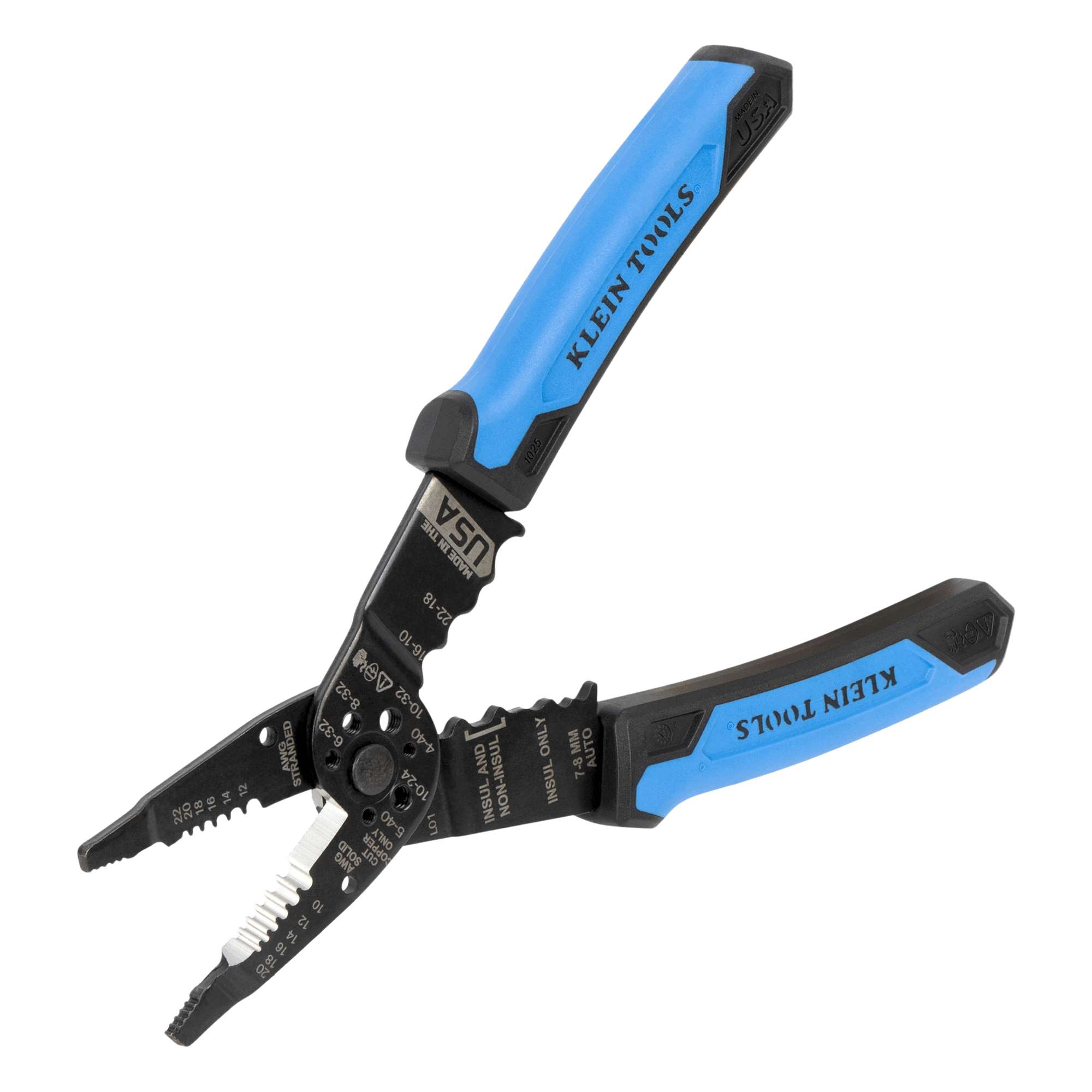 Pinzas Multiuso / Pelacables Sólidos 10-20 AWG / Trenzados 12-22 AWG / Ponchado Terminales 10-22 AWG / Corte Tornillos 4-40 a 10-32 / Punta Estrecha — KLEIN TOOLS · SKU 1025