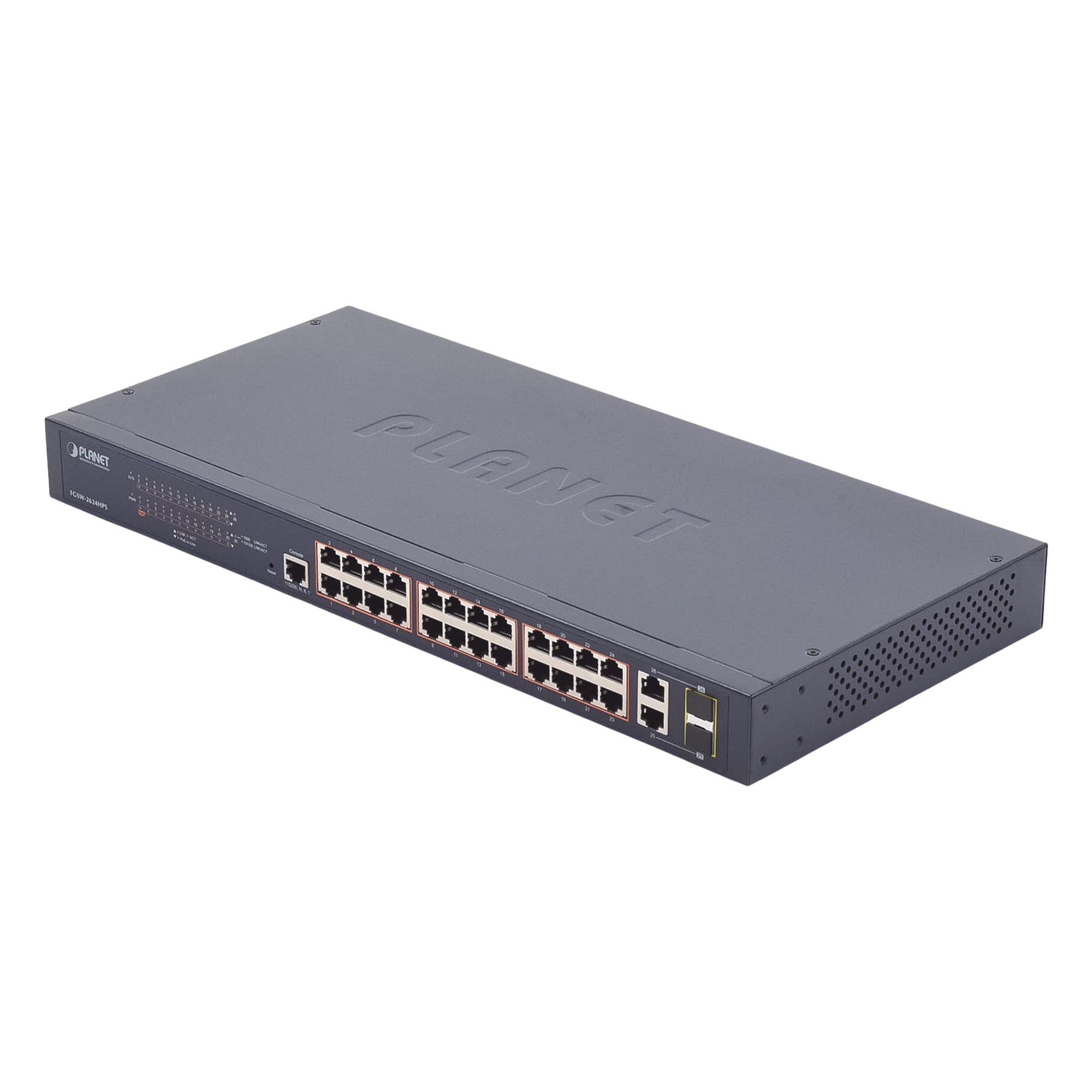 Switch administrable PoE+ / 24 puertos 10/100TX / 2 puertos combo Gigabit TP/SFP / 220W / 6,54 Mpps / 0-50°C / 1,44 x 0,98 x 0,15 pies — PLANET · SKU FGSW-2624HPS
