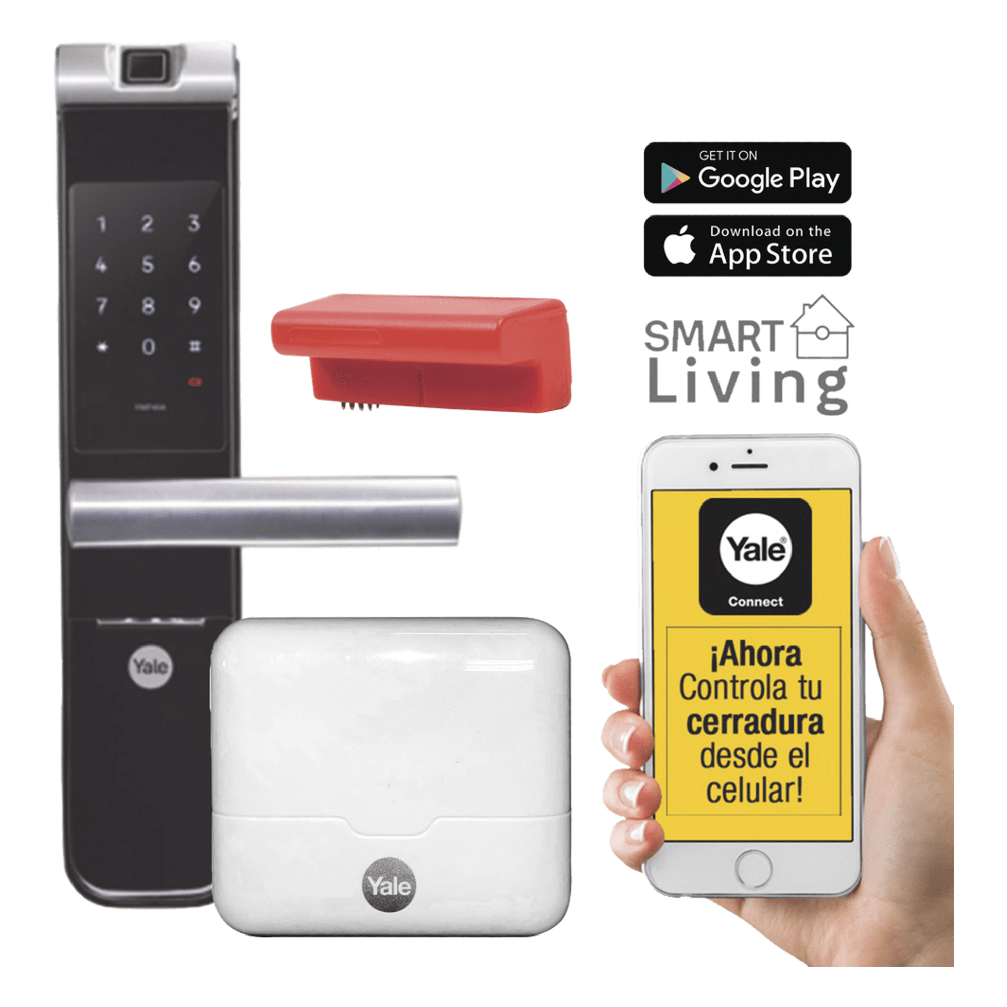 Kit Cerradura con manija YMF40A y HUB, Apertura por,  Código, Biometría y apertura por SMARTPHONE, Para puertas de 35 a 90 mm de espesor