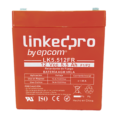 Batería de respaldo 12 V |  5.5 Ah |  AGM  | Certificada UL94-V0 Retardante a la Flama  | Especial para Seguridad Electrónica | UPS | Sistemas de Emergencia | Vida útil 5 años | Terminales F1  + Adaptador F2