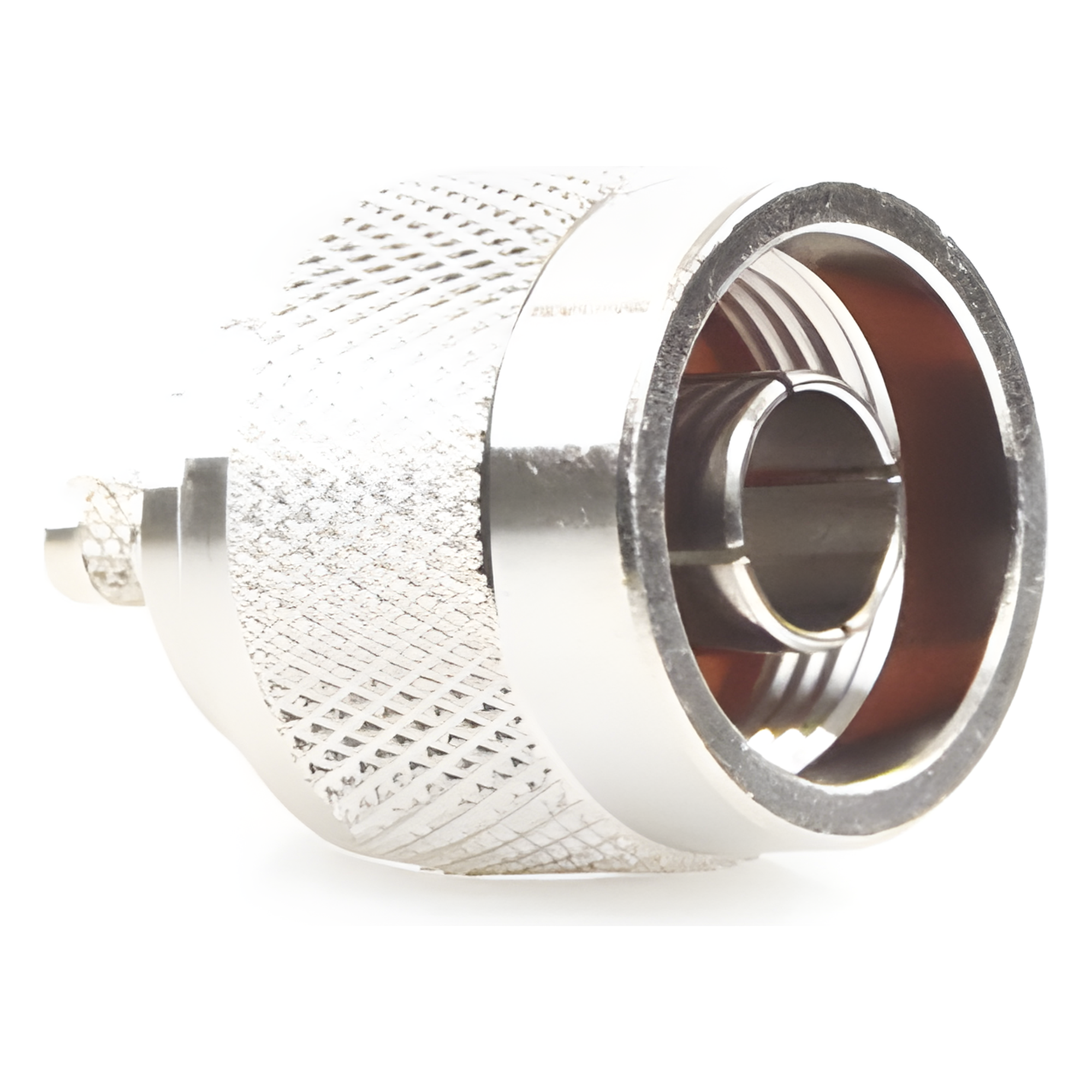 Conector RF N Macho / Anillo Plegable / Cuerpo Bronce Niquelado / Contacto Oro / Aislante Teflón / Cables RG-58/U, RG-142/U, LMR-195