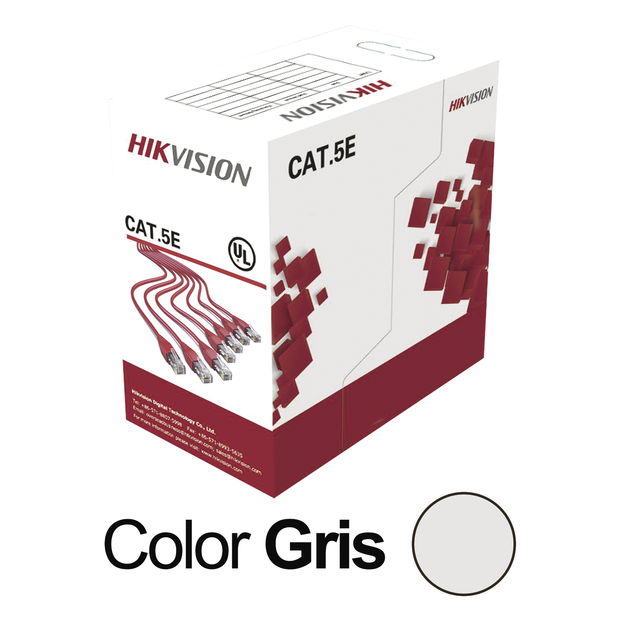 Bobina de Cable UTP / Cat5E / 24 AWG / 305 m (1000 pies) / 100% Cobre / PVC CM / Interior / 100 MHz / PoE — HIKVISION · SKU DS-1LN5E-S