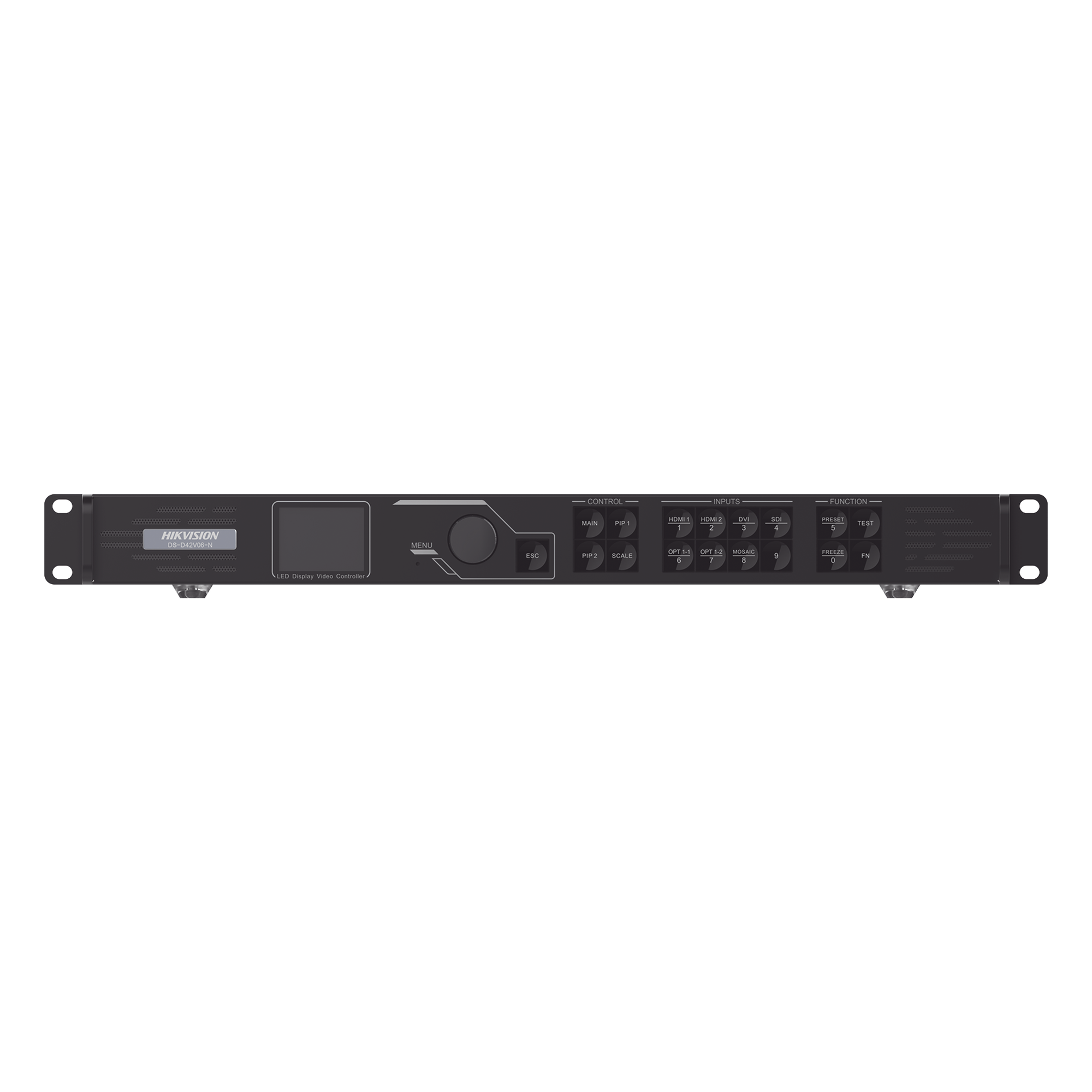 Controlador para Videowall / 6 Puertos RJ45 para Paneles LED / 3 Interfaces de Entrada DVI-HDMI-DP / 4 Puertos Gigabit Ethernet / 650,000 Píxeles por Puerto / 19 Pulgadas Rack 1.75 x 9.84 x 1.75 in — HIKVISION · SKU DS-D42V06-N(V2)