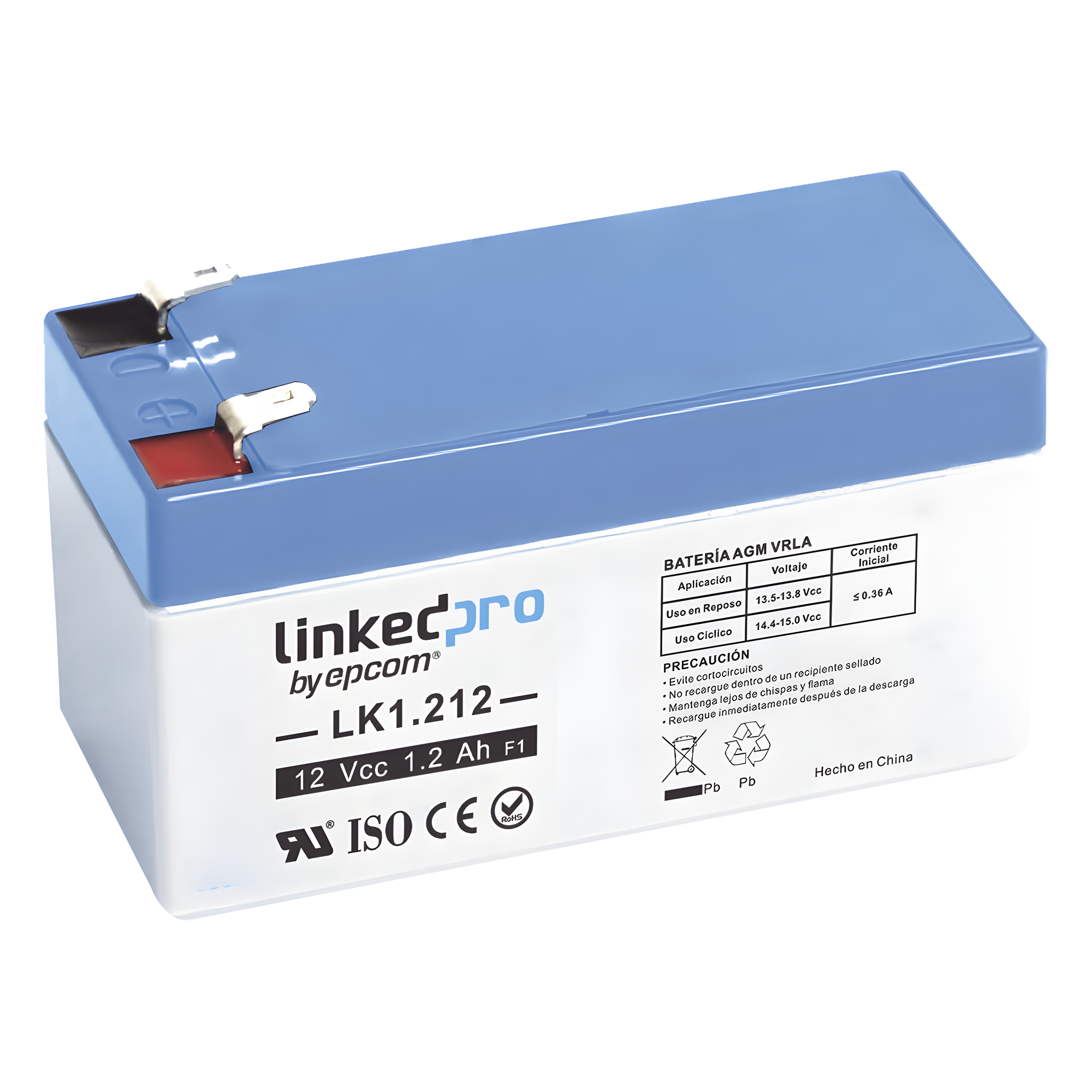 Batería de Respaldo AGM-VRLA / 12 V / 1.2 Ah / Vida Útil 5 Años / Terminales F1+F2 / UL y CE — LINKEDPRO BY EPCOM · SKU LK1.212