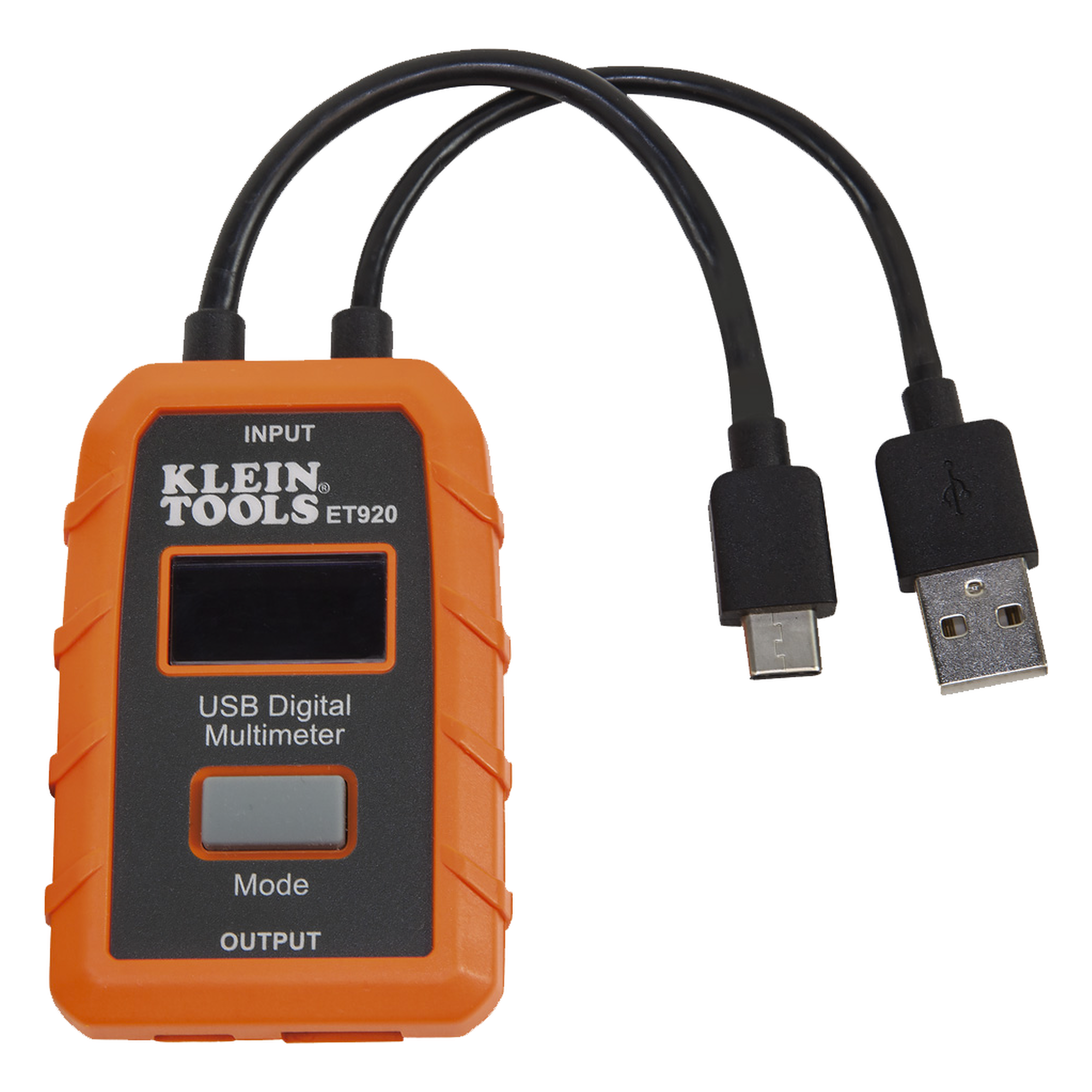 Multímetro Digital USB / Voltaje 3-20 V DC / Corriente hasta 5 A / Registro 1000 Horas / USB-A y USB-C / Resistente a Caídas 2 m (6.6 ft) — KLEIN TOOLS · SKU ET-920