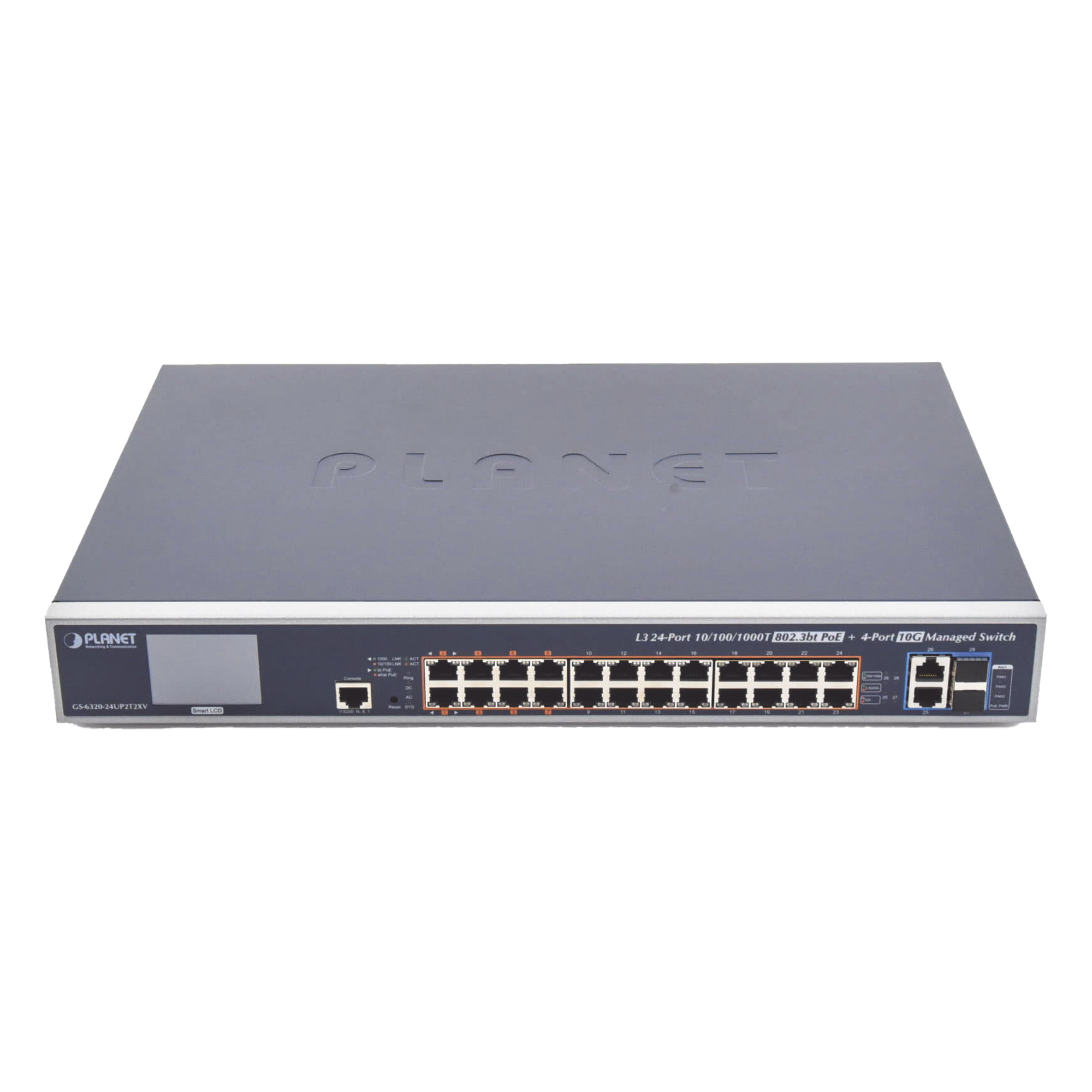 Switch Administrable L3 / 24 Puertos Gigabit PoE 802.3bt / 2 Puertos 10G SFP+ / Pantalla Táctil LCD / Fuente Redundante / 600W — PLANET · SKU GS-6320-24UP2T2XV