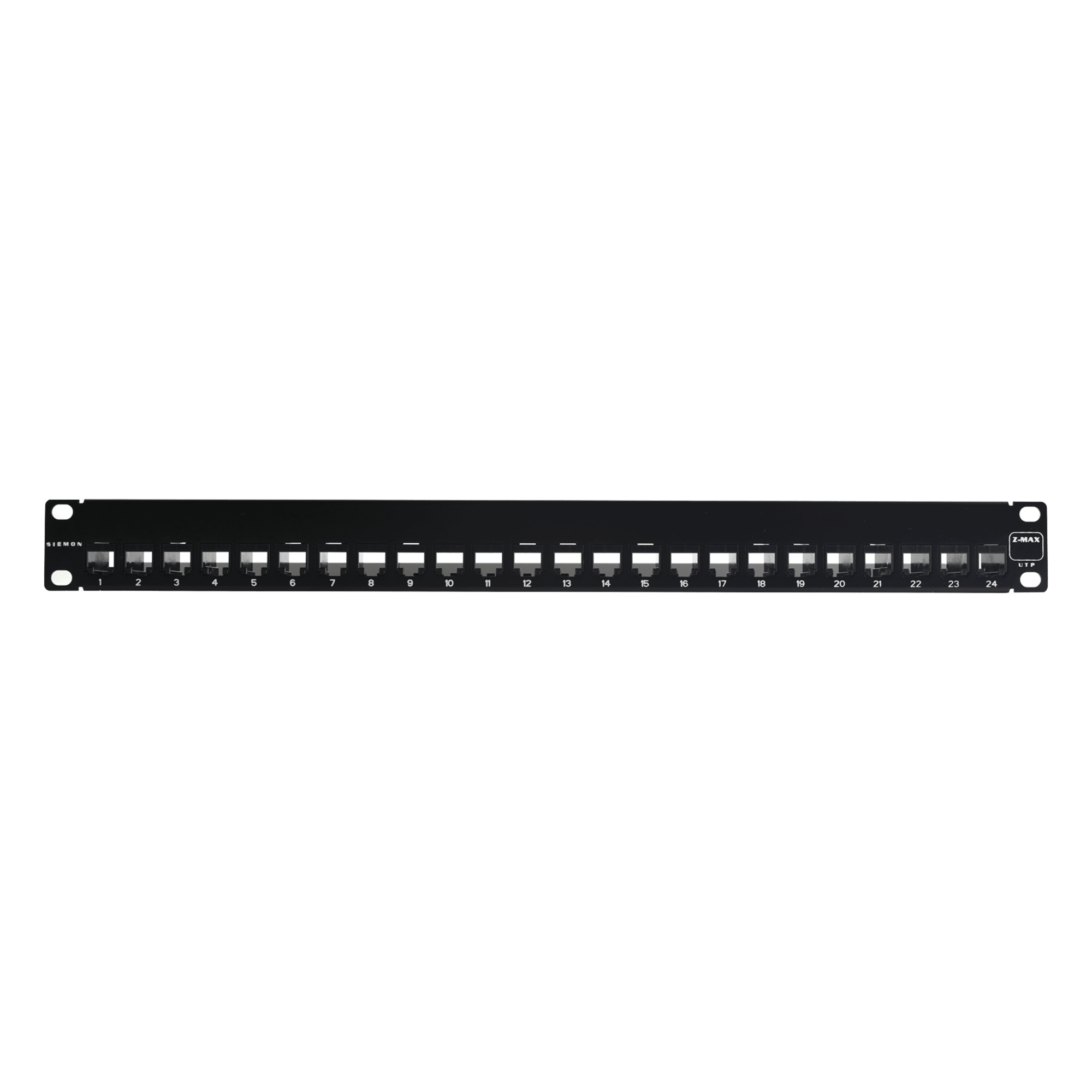 Patch Panel UTP de 24 Puertos / Categoría 6 / Plano / 1UR / Precargado con Jacks Z-MAX / Acero 18 Gauge — SIEMON · SKU Z6-PNL-24K