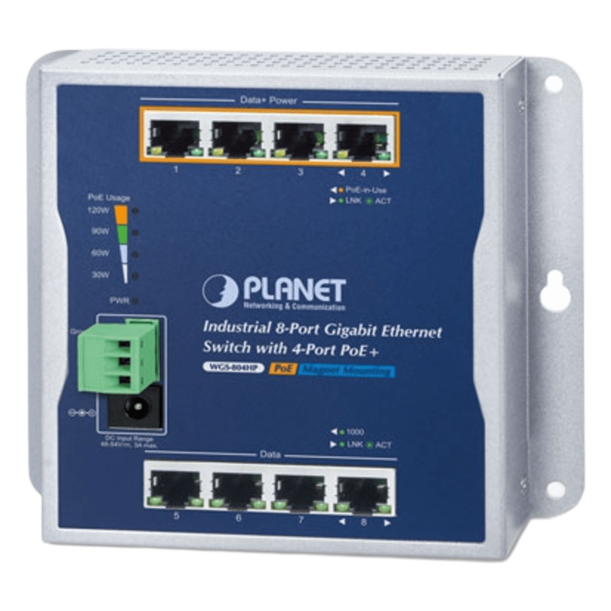 Switch Industrial No Administrable / 8 Puertos Gigabit / 4 Puertos PoE+ 802.3at / 120 W / Montaje Múltiple / Alimentación Dual con Failover — PLANET · SKU WGS-804HP