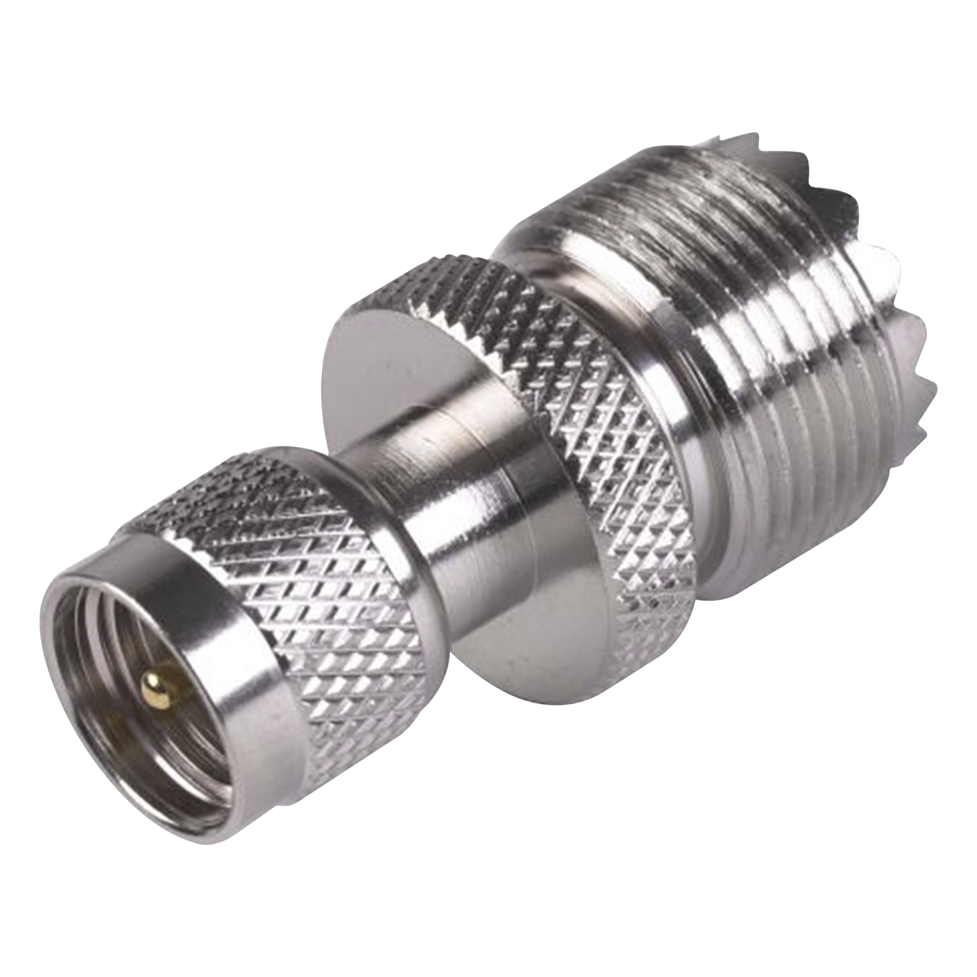Adaptador Coaxial en Línea / Mini UHF Macho a UHF Hembra (SO-239) / Cuerpo Níquel / Contacto Oro / Aislante Teflón — RF INDUSTRIES,LTD · SKU RFU-621