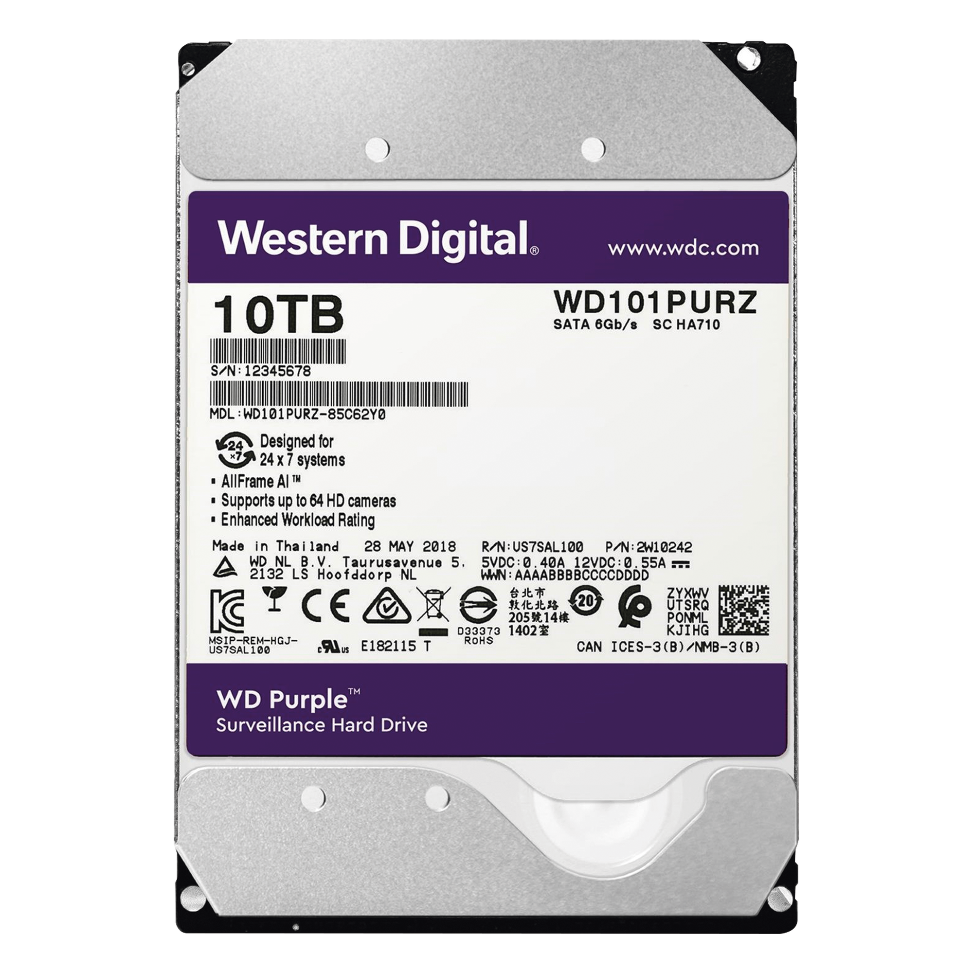 Disco duro WD de 10TB / 7200RPM / Optimizado para Videovigilancia