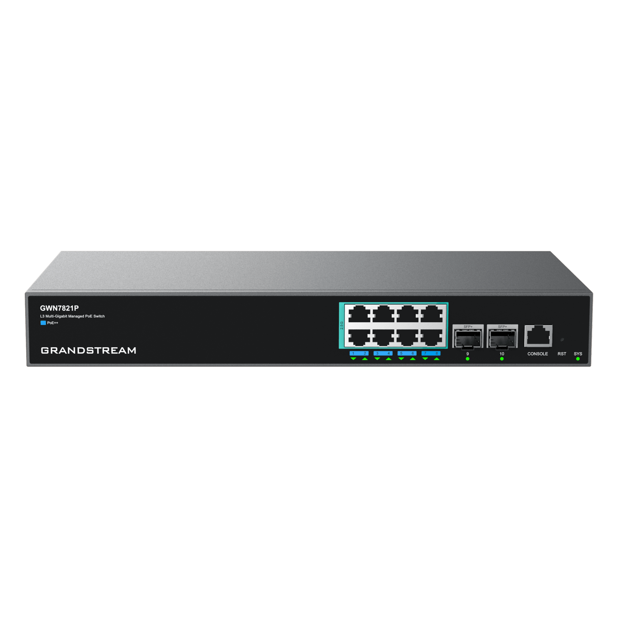 Switch PoE Multigigabit Capa 3 / 8 Puertos 2.5 G / 2 Puertos SFP+ / PoE++ 60 W / Stacking 4 Unidades / Administración Local y Nube — GRANDSTREAM · SKU GWN7821P