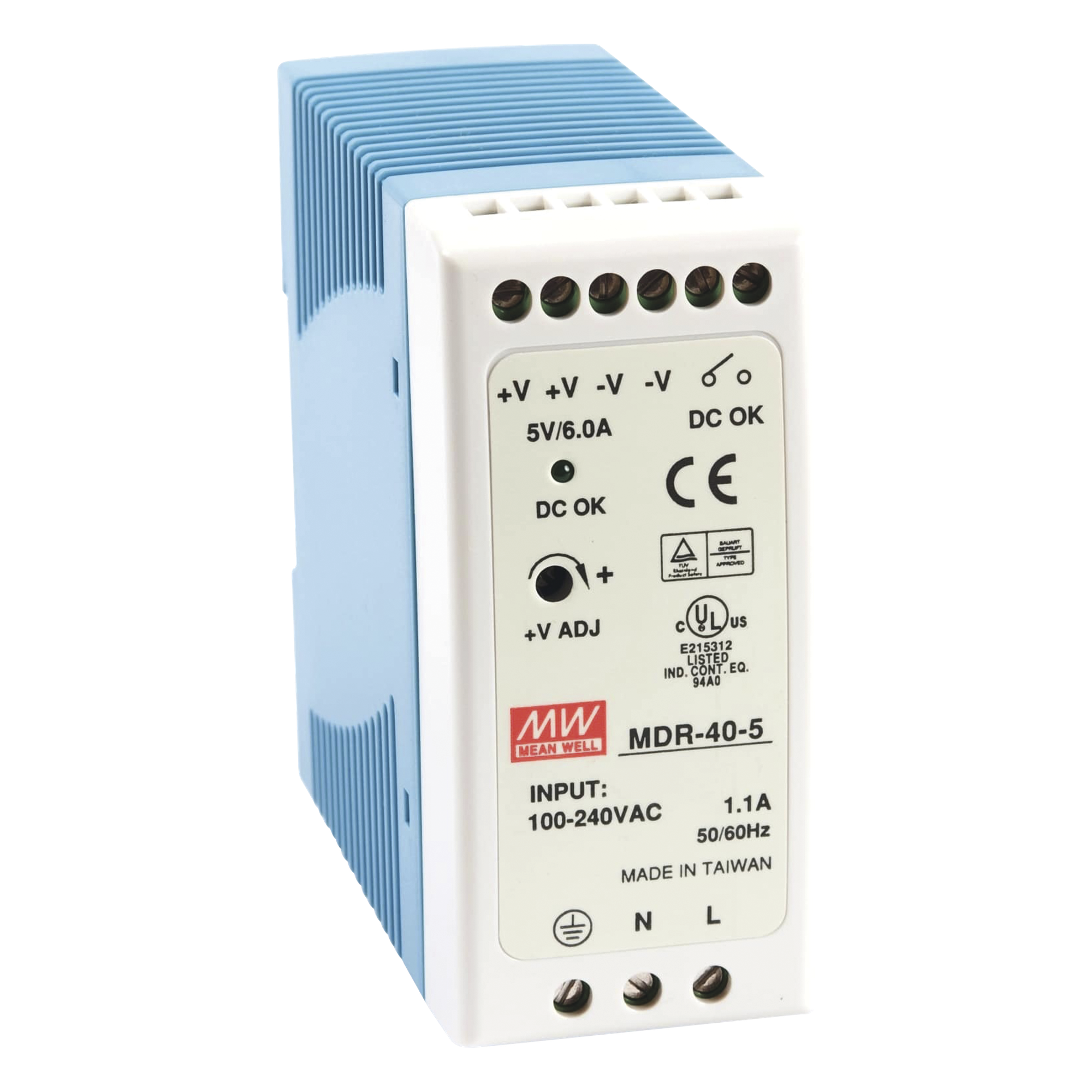 Fuente de Poder Industrial / Riel DIN / 5VCC 40W / Entrada Universal 85-264VAC / 1.31 x 3.54 x 3.94 in — MEANWELL · SKU MDR-40-5