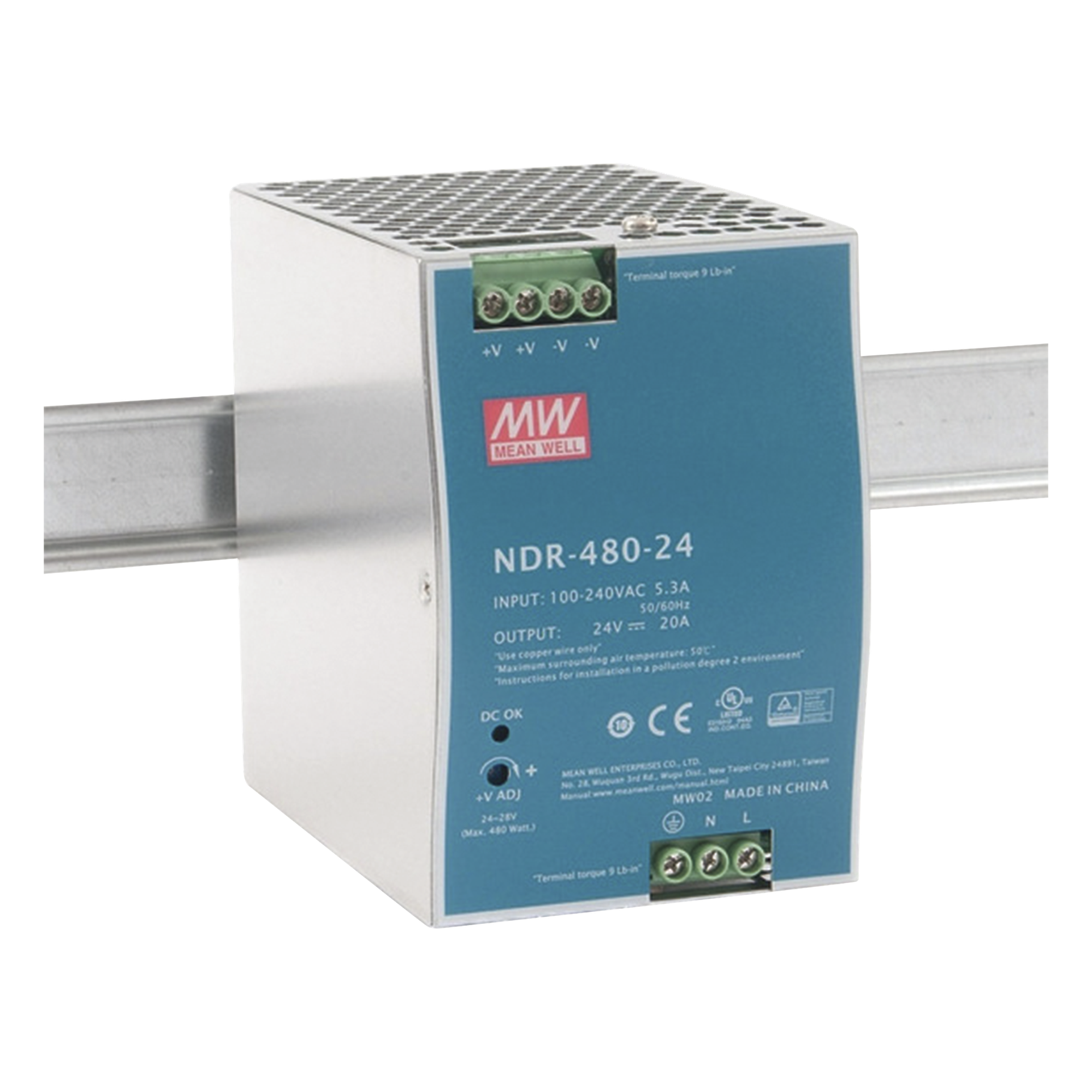 Fuente de Poder Industrial / 480W / Salida 24Vcc 20A / Entrada 100-240Vca / Eficiencia 92.5% / Riel DIN — MEANWELL · SKU NDR48024