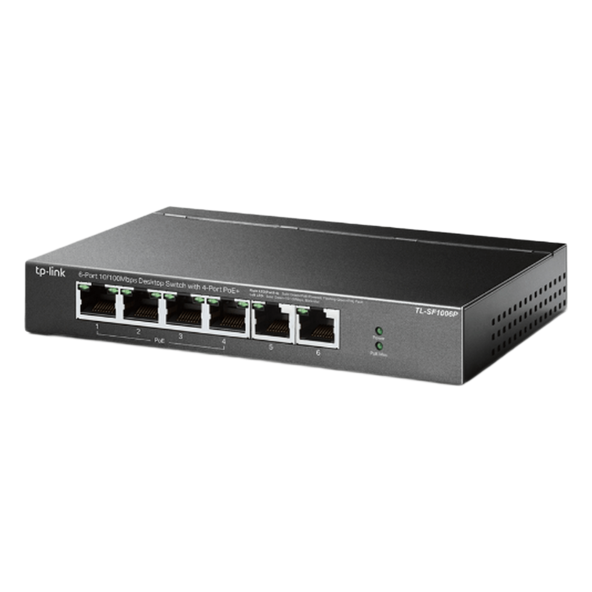 Switch PoE no administrable / 6 puertos 10/100 Mbps / 4 puertos PoE 802.3af/at / Presupuesto 67 W / Extensor hasta 250 m (820 ft) / Prioridad video — TP-LINK · SKU TLSF1006P
