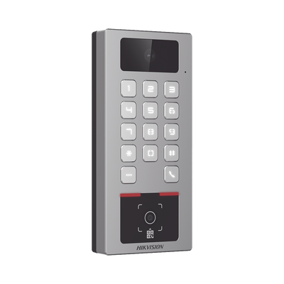 (PoE / 2 Relays) Teclado con Lector Físico de QRs para Exterior Antivandálico IP65 & IK09 con función de Videoportero Multiapartamento / Tarjeta, Código QR, PIN o App HikConnect  / Cámara 2 MP compatible con NVRs /