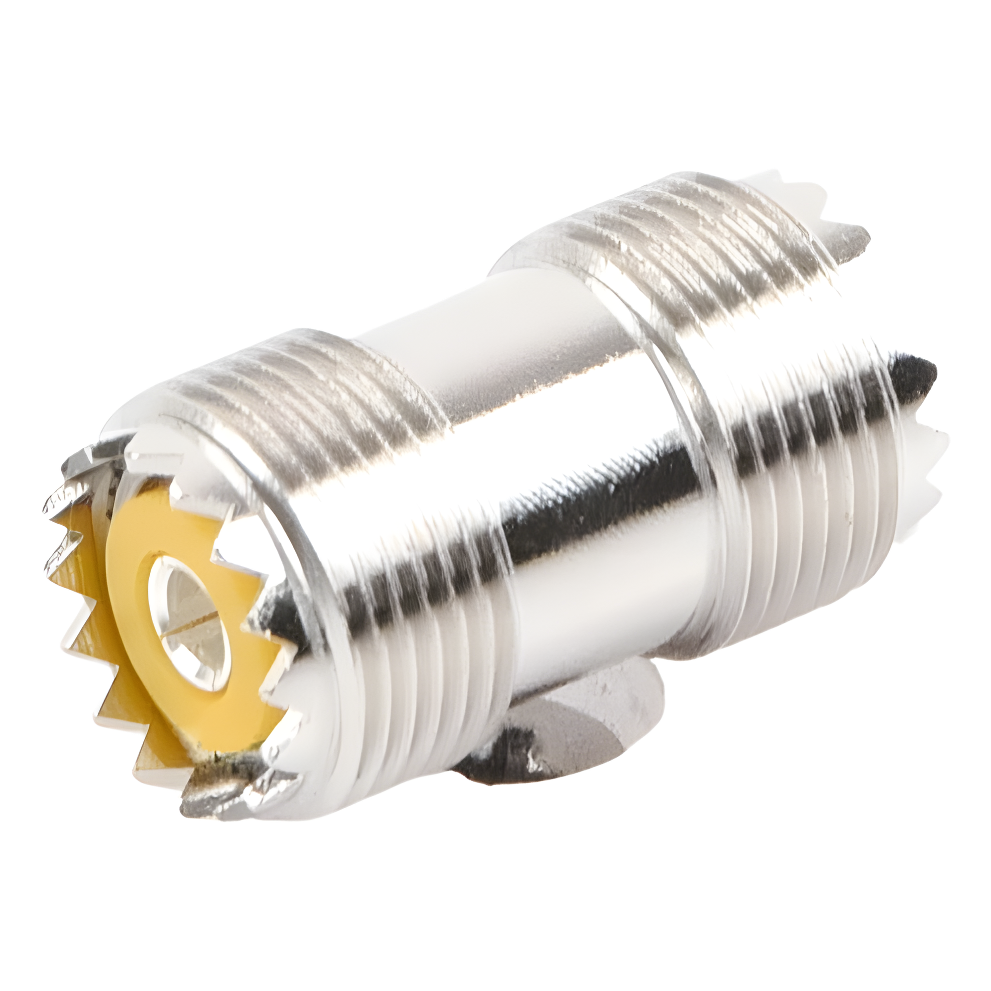 Adaptador Coaxial Barril / UHF Hembra SO-239 a UHF Hembra SO-239 / Montaje en Línea / Cuerpo Bronce Niquelado / Contacto Plateado