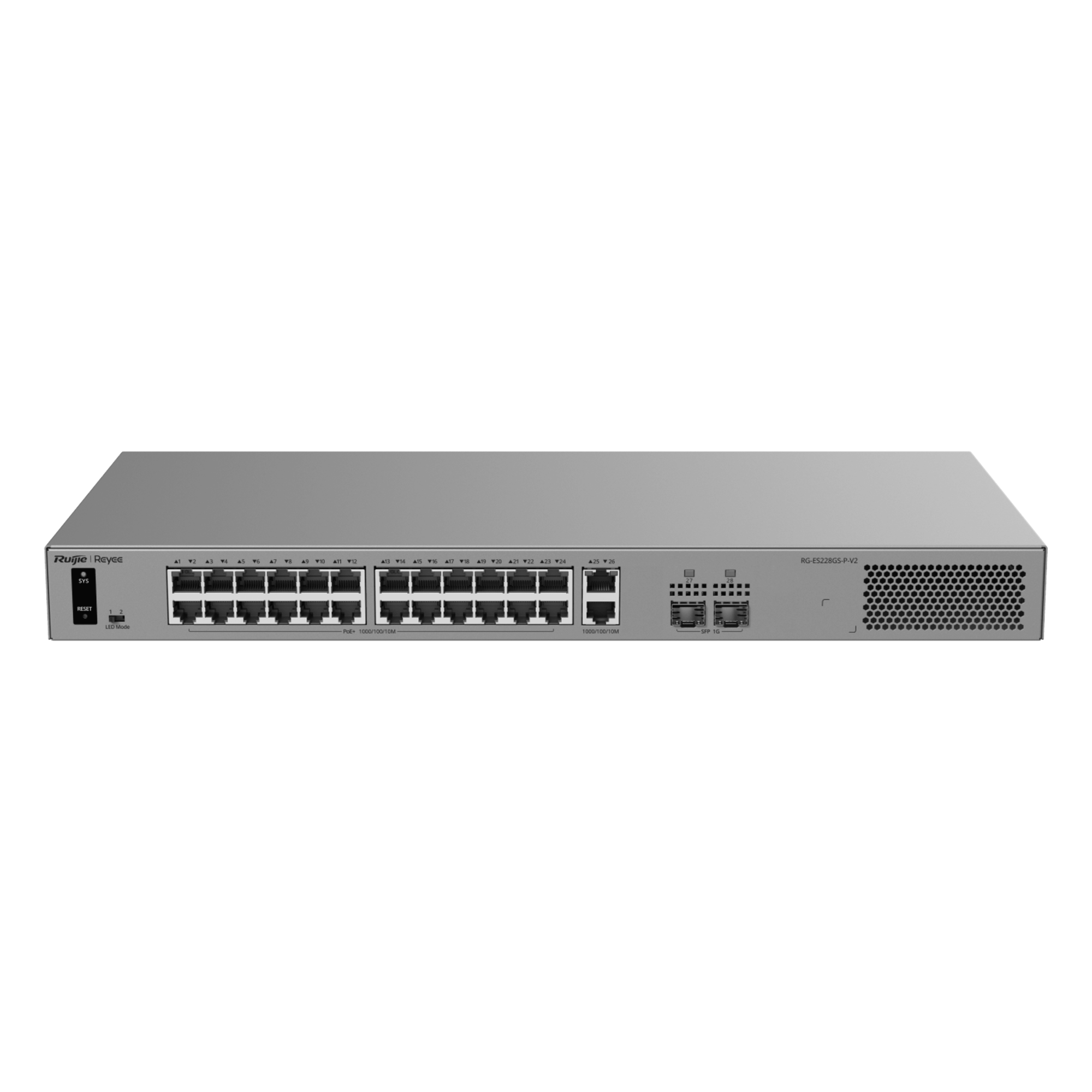 Switch Layer 2 Smart Cloud Managed / 28 Puertos Gigabit / 24 Puertos PoE+ 370 W / Switching 56 Gbps / Forwarding 41.664 Mpps / Protección 6 kV / CCTV Mode — RUIJIE · SKU RG-ES228GS-P-V2