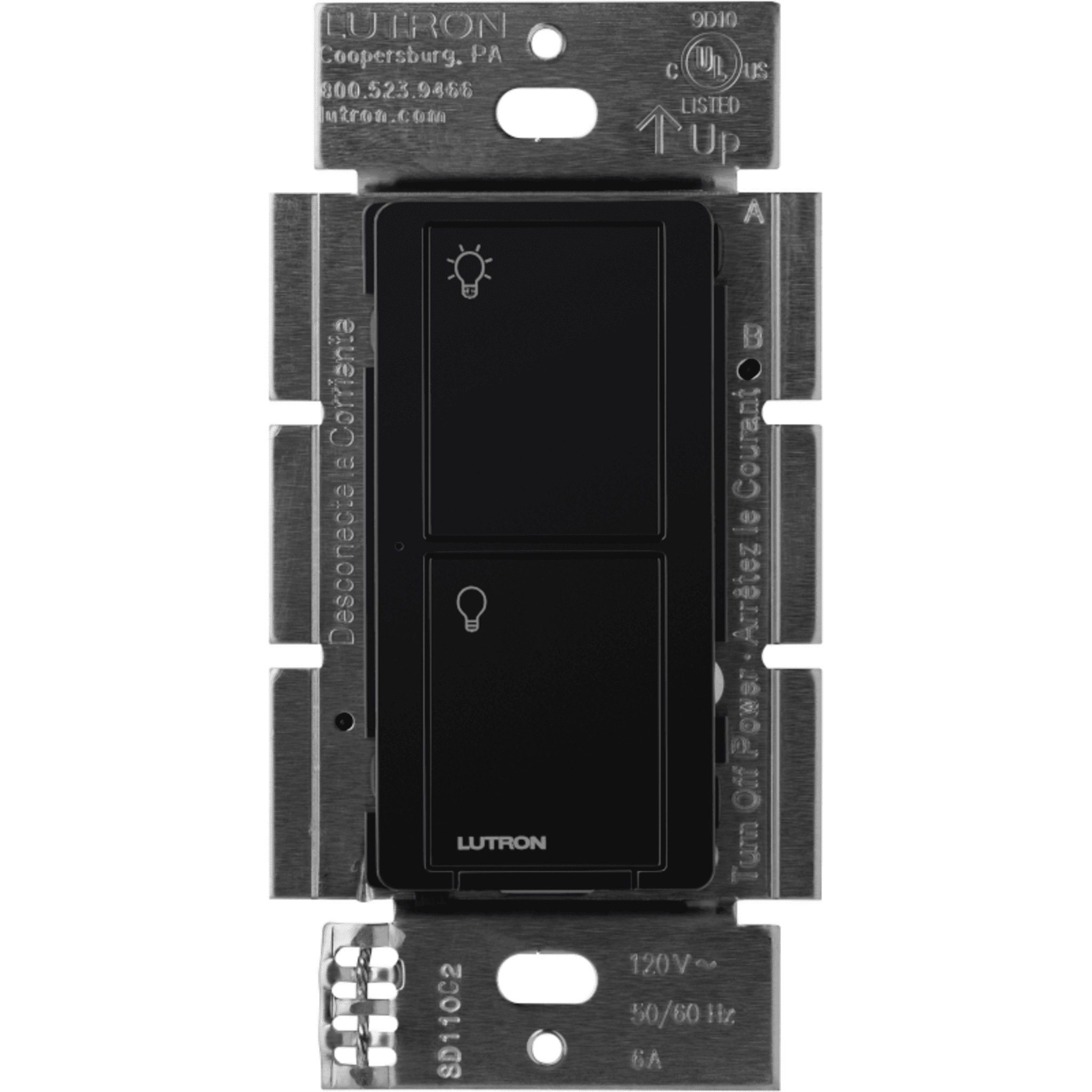 Interruptor de Pared Inalámbrico / 2 Botones On/Off / 5 A LED/CFL / 600 W Incandescente / 120/277 V / Sin Neutro / Alcance 18 m (59.1 ft) Línea Vista — LUTRON CASETA WIRELESS · SKU PD5SDVBL