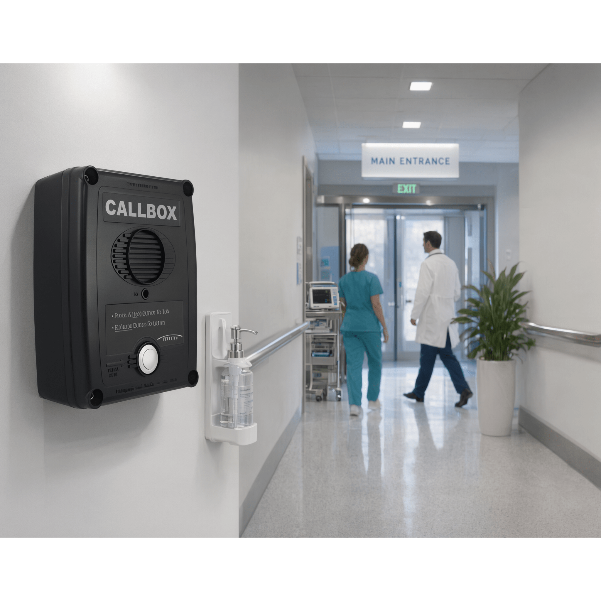 Callbox Inalámbrico UHF / 450-470 MHz / Gabinete de Policarbonato Resistente / PTT Antivandálico / Grabación de Mensajes / Uso en Exteriores