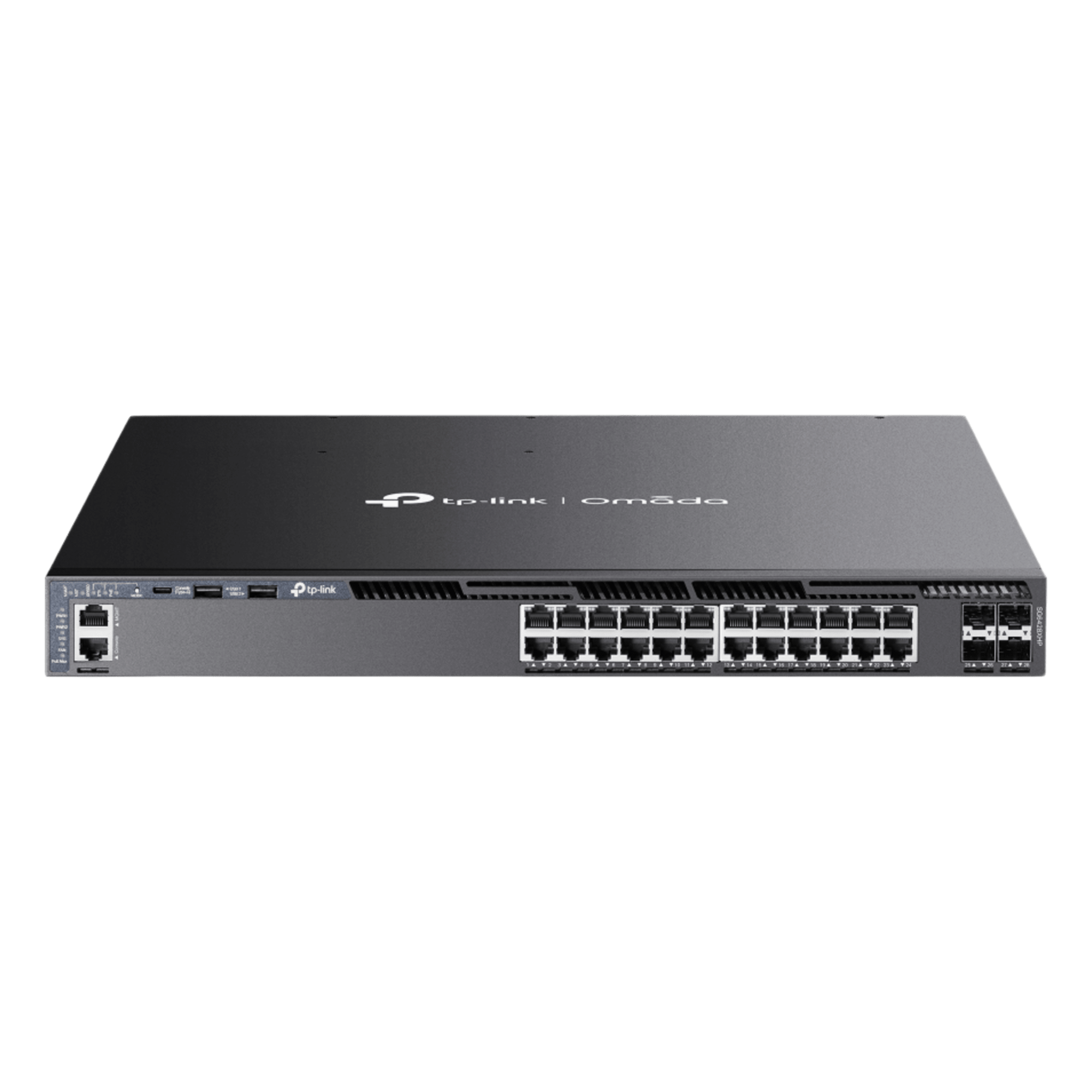 Switch L3 Gestionable PoE+ / 24 Puertos Gigabit / 4 Slots 10G SFP+ / Stacking 80 Gbps / PoE 720W / Redundancia N+1 — TP-LINK · SKU SG6428XHP
