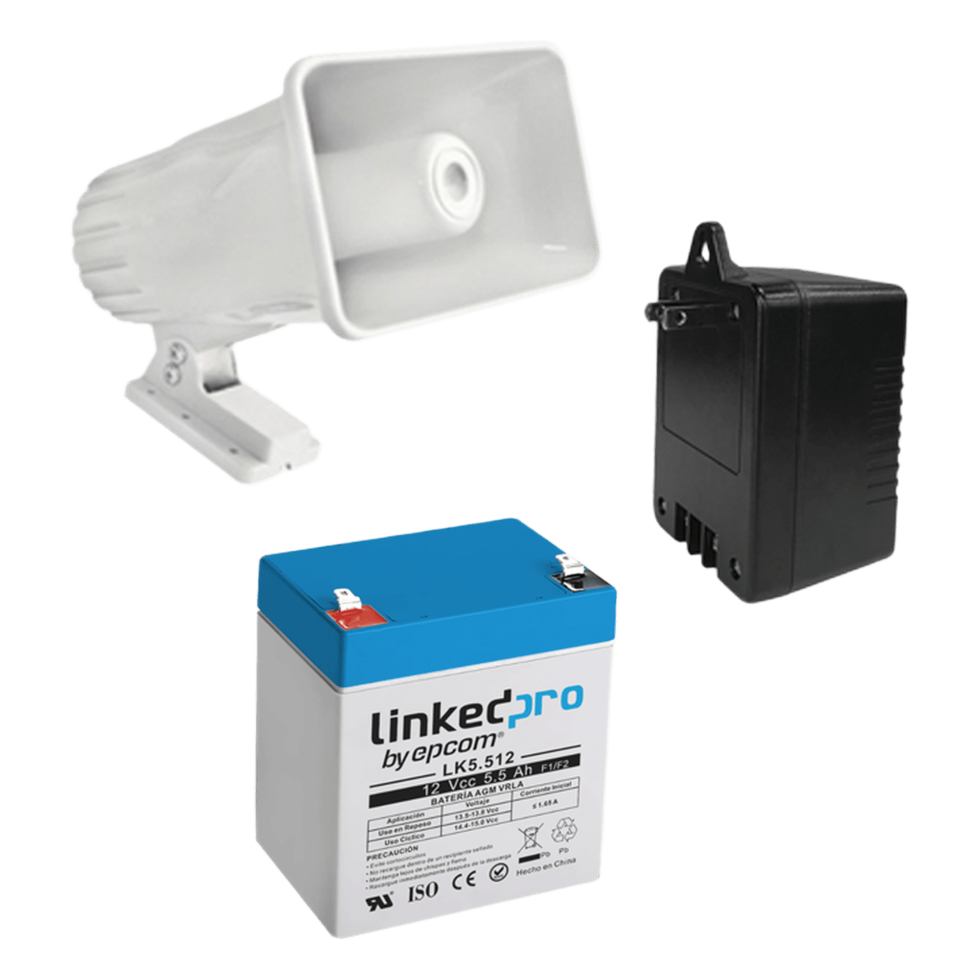 Kit de accesorios para sistema de seguridad / Batería 5.5 Ah / Transformador 16.5 VCA / Sirena 30W / Diseño compacto — SYSCOM · SKU 4A16V30W
