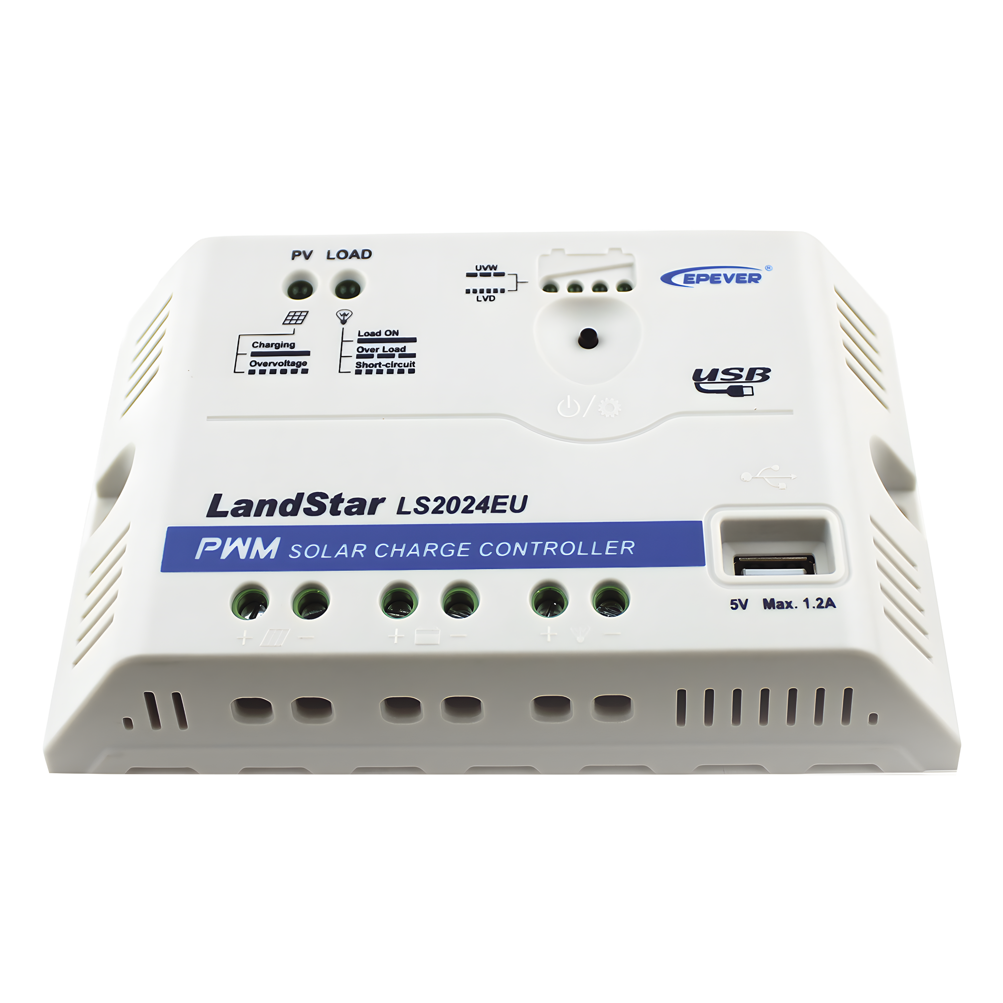 Controlador de Carga Solar PWM / 12/24 V Auto / 20 A / USB 5V 1.2A / 120.3x67x21.8 mm (4.7x2.6x0.9 in) — EPEVER · SKU LS-2024-EU