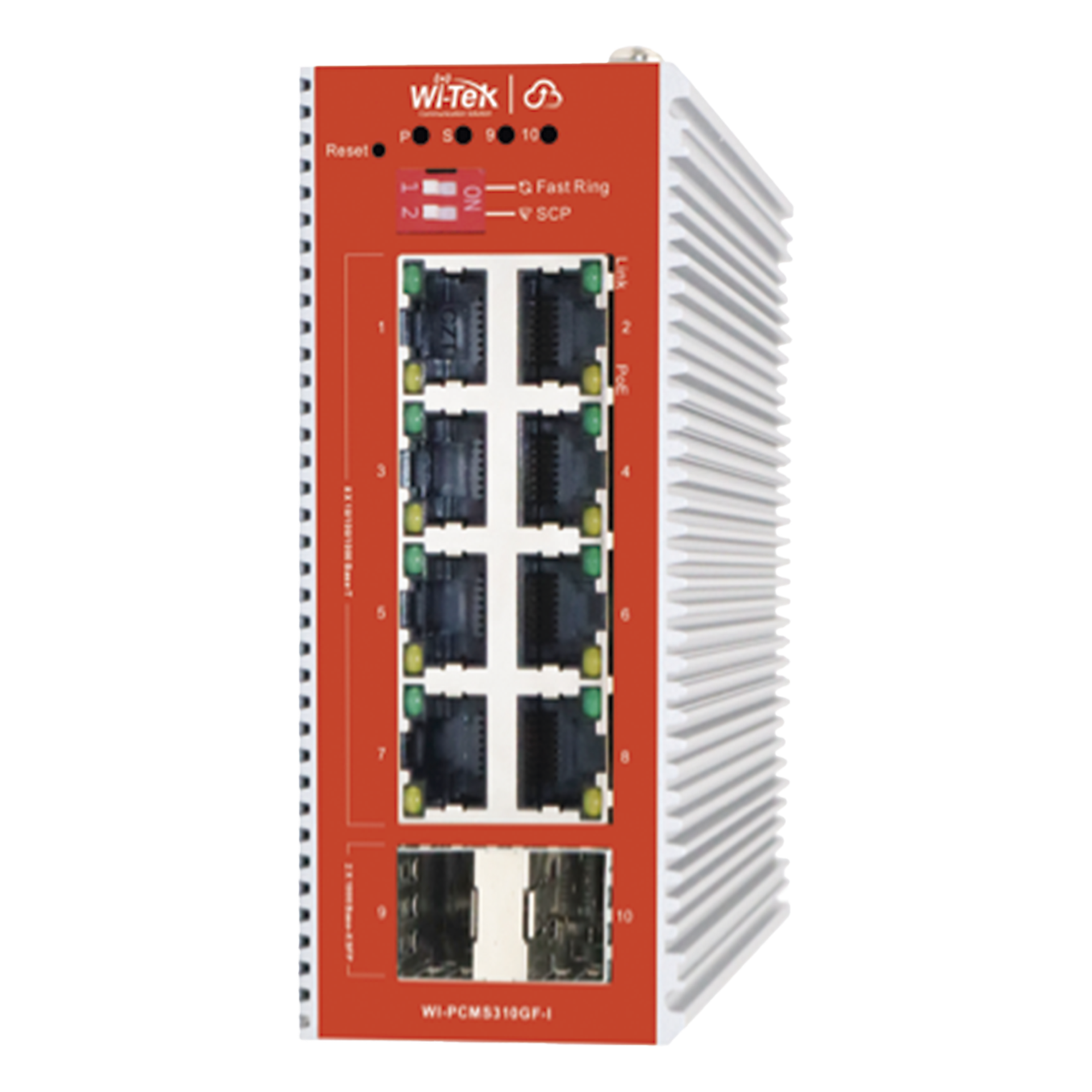 Switch Industrial PoE L2+ / 8 Puertos 100/1000 Mbps af/at / 2 SFP / Presupuesto PoE 120 W / Cloud / ERPS — WI-TEK · SKU WI-PCMS310GF-I