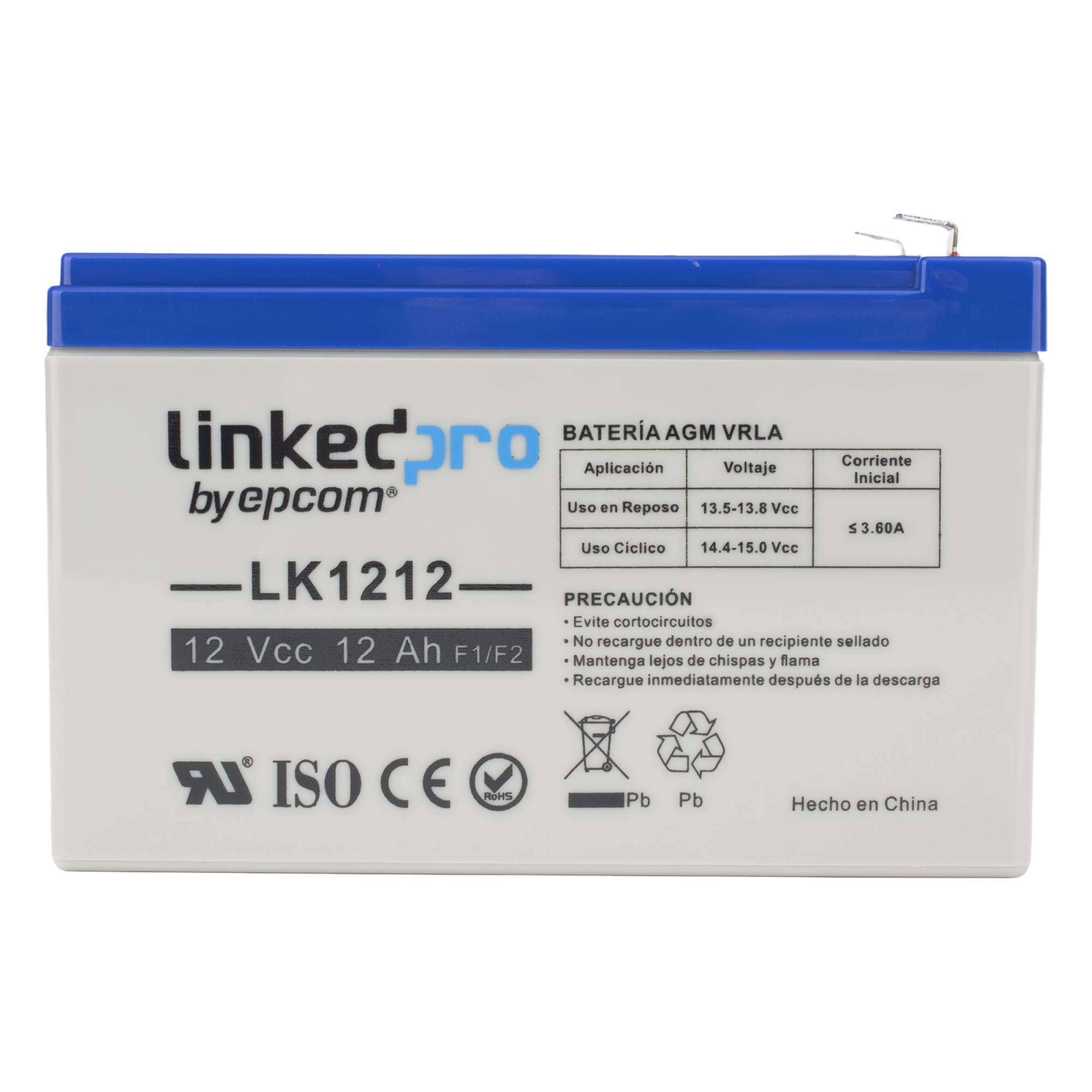 Batería de Respaldo AGM-VRLA / 12 V / 12 Ah / Vida Útil 5 Años / Terminales F1 con Adaptador F2 — LINKEDPRO BY EPCOM · SKU LK1212
