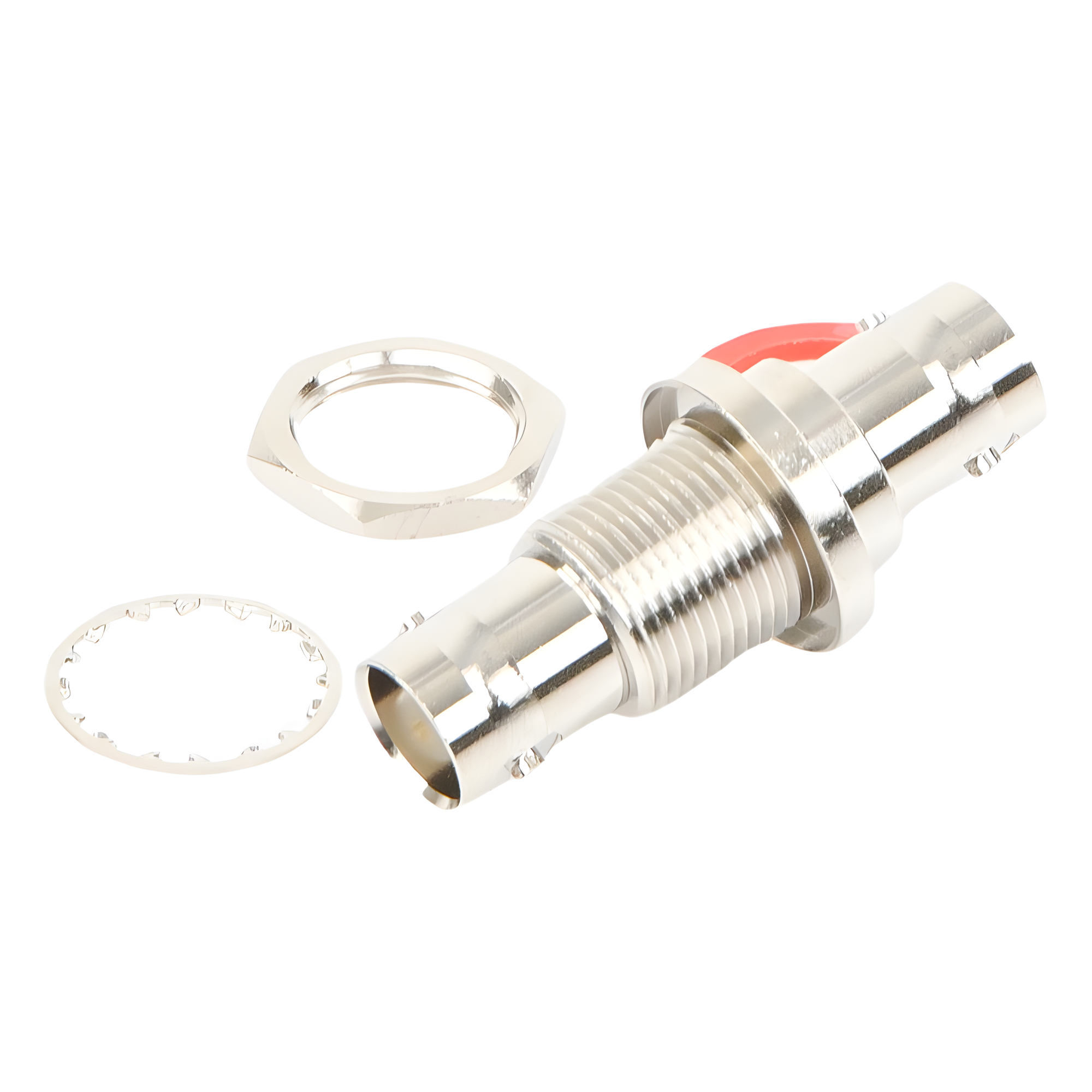 Adaptador Coaxial / Doble BNC Hembra / Montaje Chasis Hermético / D-Plano Frontal o Trasero / 50 Ω / Cuerpo Niquelado / Contacto Oro