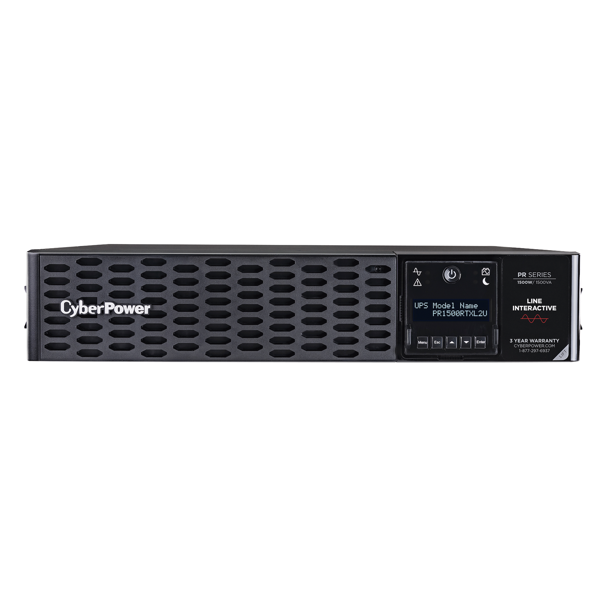 UPS Línea Interactiva / 1500 VA / 1500 W / Onda Senoidal Pura / Factor de Potencia 1.0 / 8 Tomas NEMA 5-15R / Torre o Rack 2 UR / AVR Integrado — CYBERPOWER · SKU PR1500RTXL2U