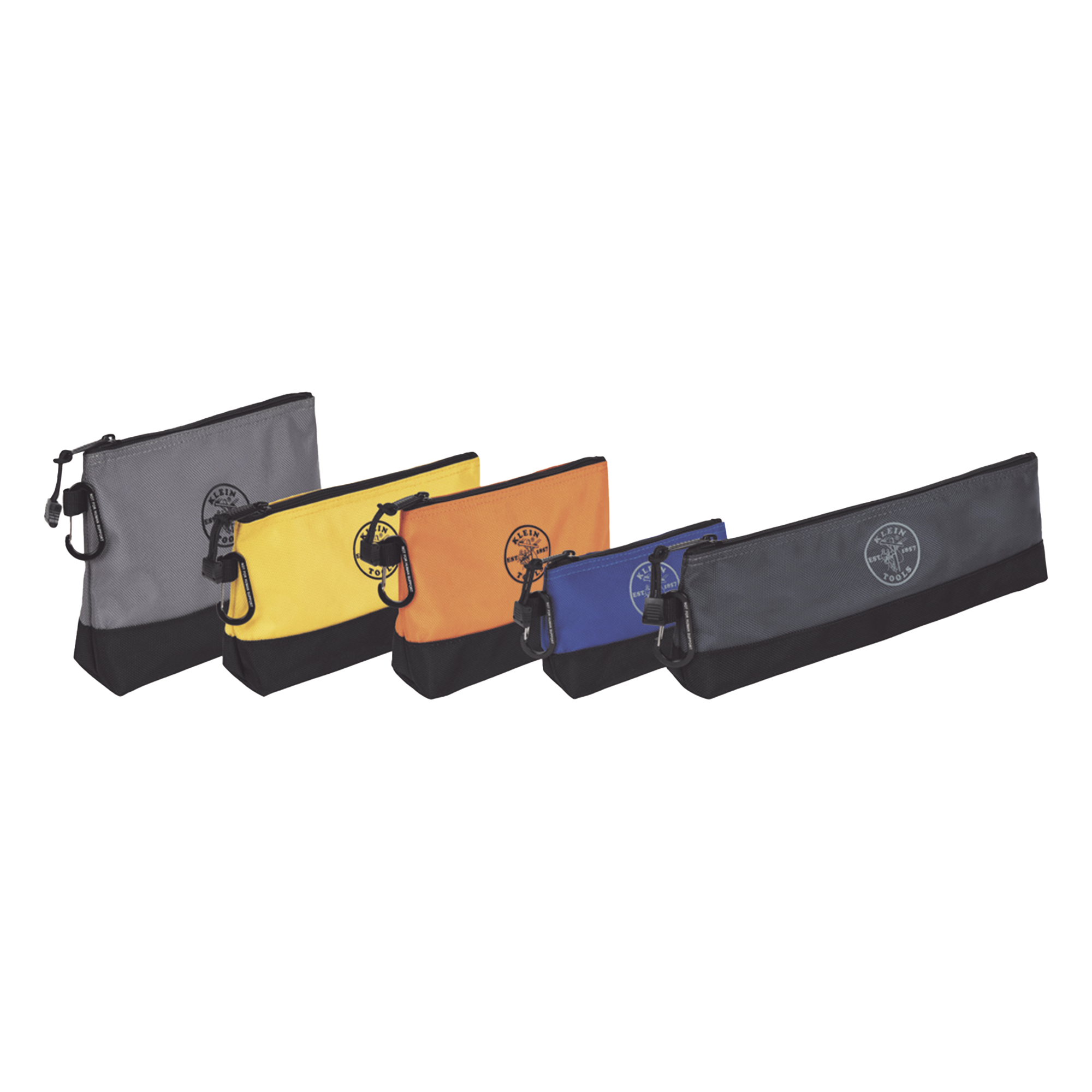 Kit de Bolsos para Herramientas / Base Reforzada 2520D / Cierre Zipper / 5 Piezas 14'' a 7'' / Mosquetones de Aluminio — KLEIN TOOLS · SKU 55569