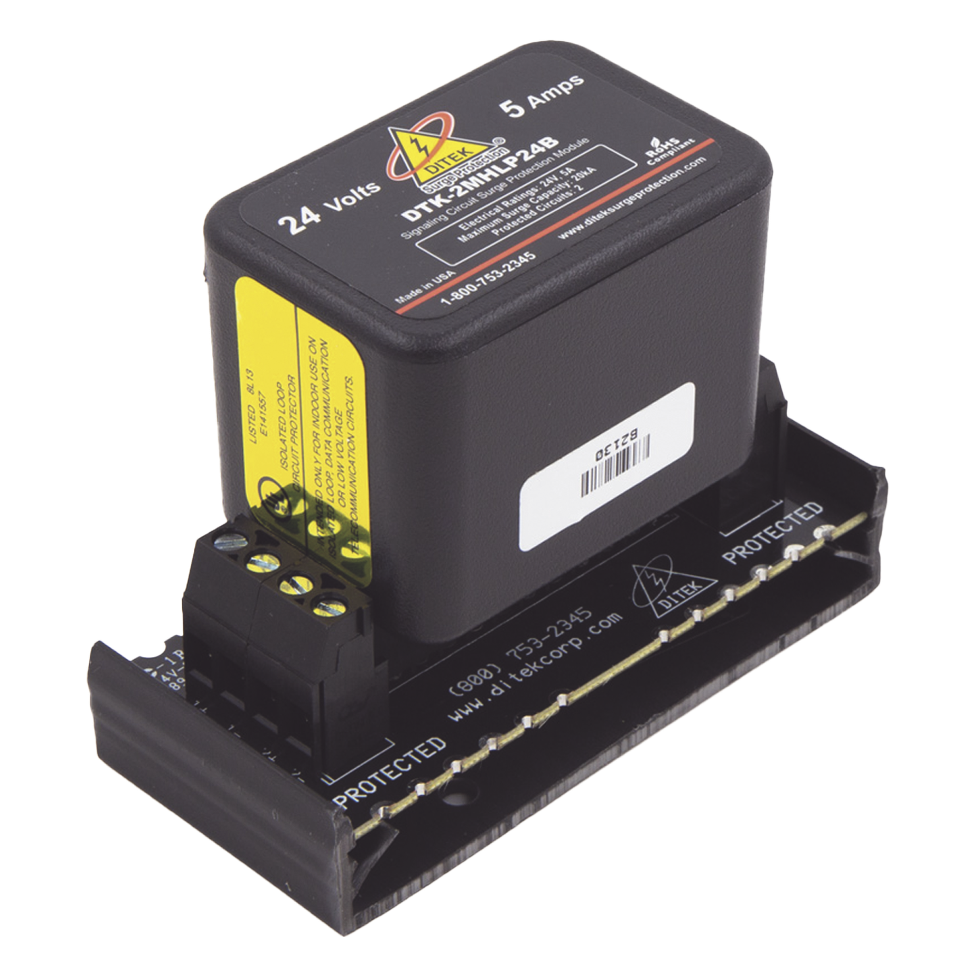 Protector Modular / 24 V / 2 Pares / Base Desmontable / Snap-Track / -40°C a 70°C / 3.3 x 1.5 x 2.6 pulgadas — DITEK · SKU DTK-2MHLP24BWB