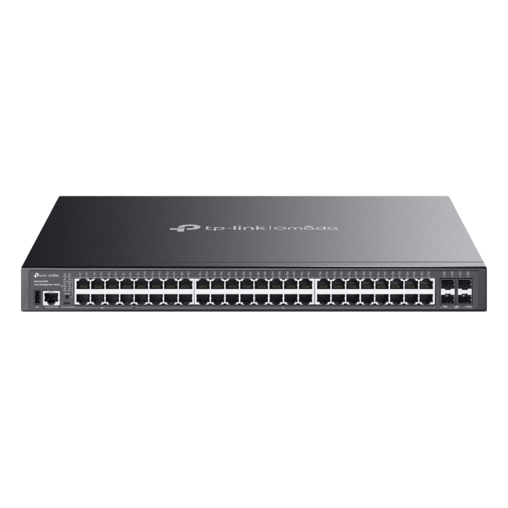 Switch Lite L3 Gestionable Apilable / 48 Puertos Gigabit PoE++ / 4 Slots 10G SFP+ / Presupuesto PoE 770W / Fast PoE y Perpetual PoE / Apilamiento Físico de 4 Unidades / L3: RIP, OSPF, VRRP / Gestión Cloud Omada SDN — TP-LINK · SKU SG5452XMPP