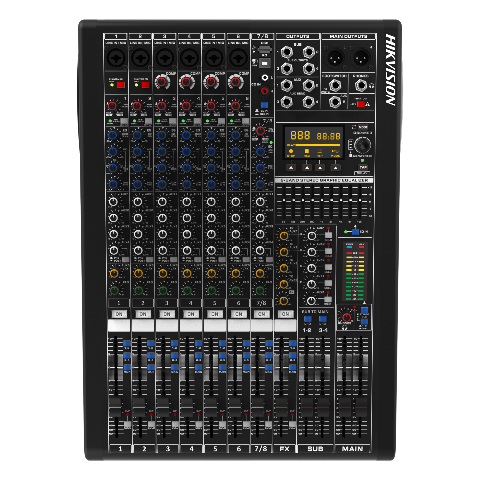 Consola de Mezcla Analógica / 8 Canales / 6 Entradas Mic/Línea / 12 Salidas / DSP 14 Efectos / Bluetooth / USB Media / Rack — HIKVISION · SKU DS-QAPMCR8-A