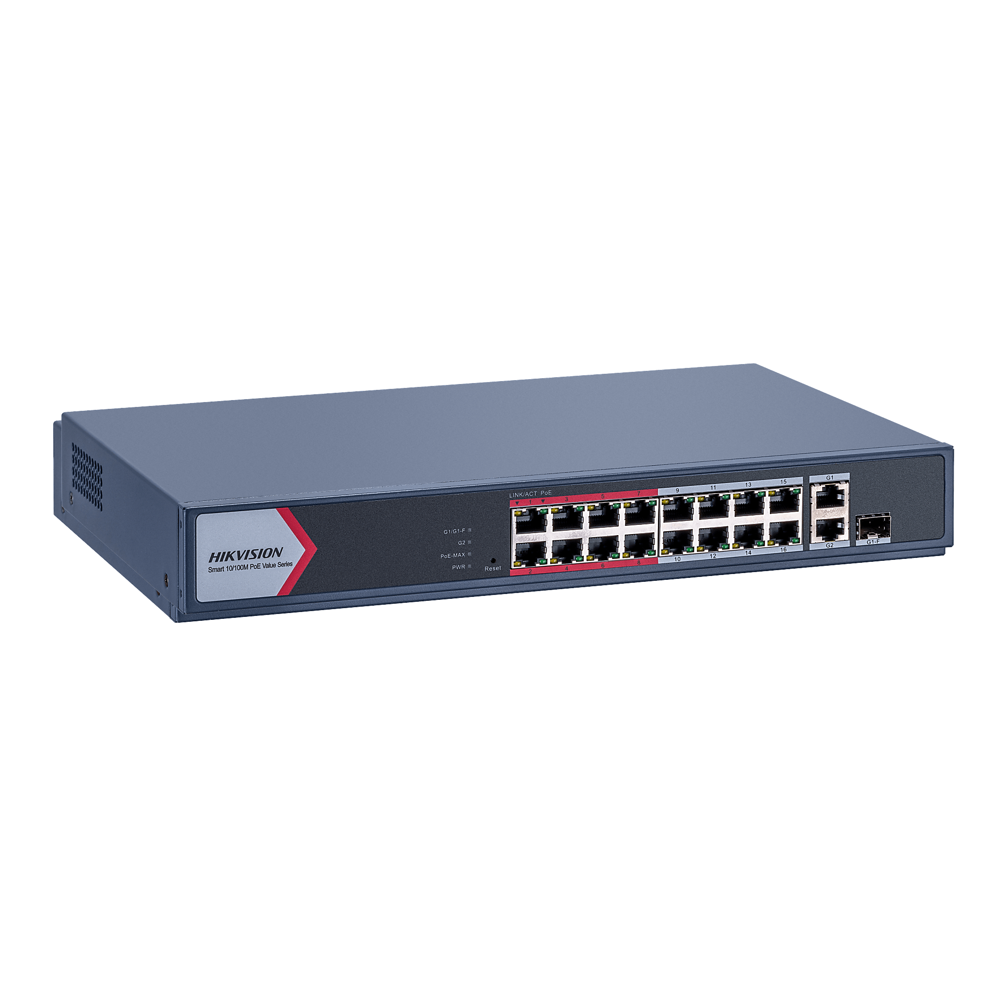 Switch PoE+ Monitoreable / 16 Puertos 10/100 Mbps PoE+ / 2 Puertos Gigabit Uplink / 1 Puerto SFP / Alcance Extendido 300 m (984 pies) / 130 W — HIKVISION · SKU DS-3E1318P-EI/M