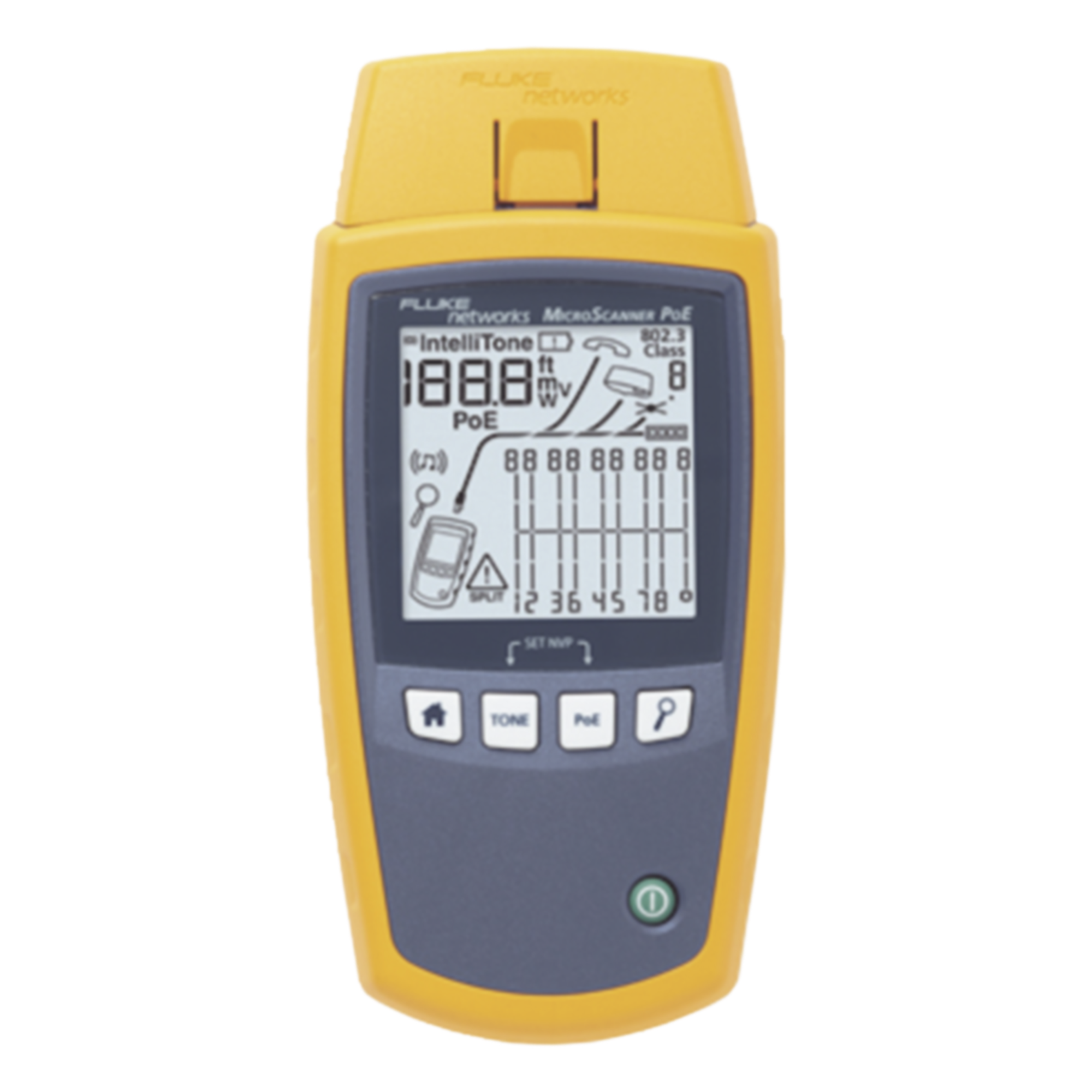 Verificador de Red PoE / 4 Modos Simultáneos / 802.3af/at/bt y UPOE / Pantalla LCD Retroiluminada / Mapa de Cableado Gráfico — FLUKE NETWORKS · SKU MS-POE