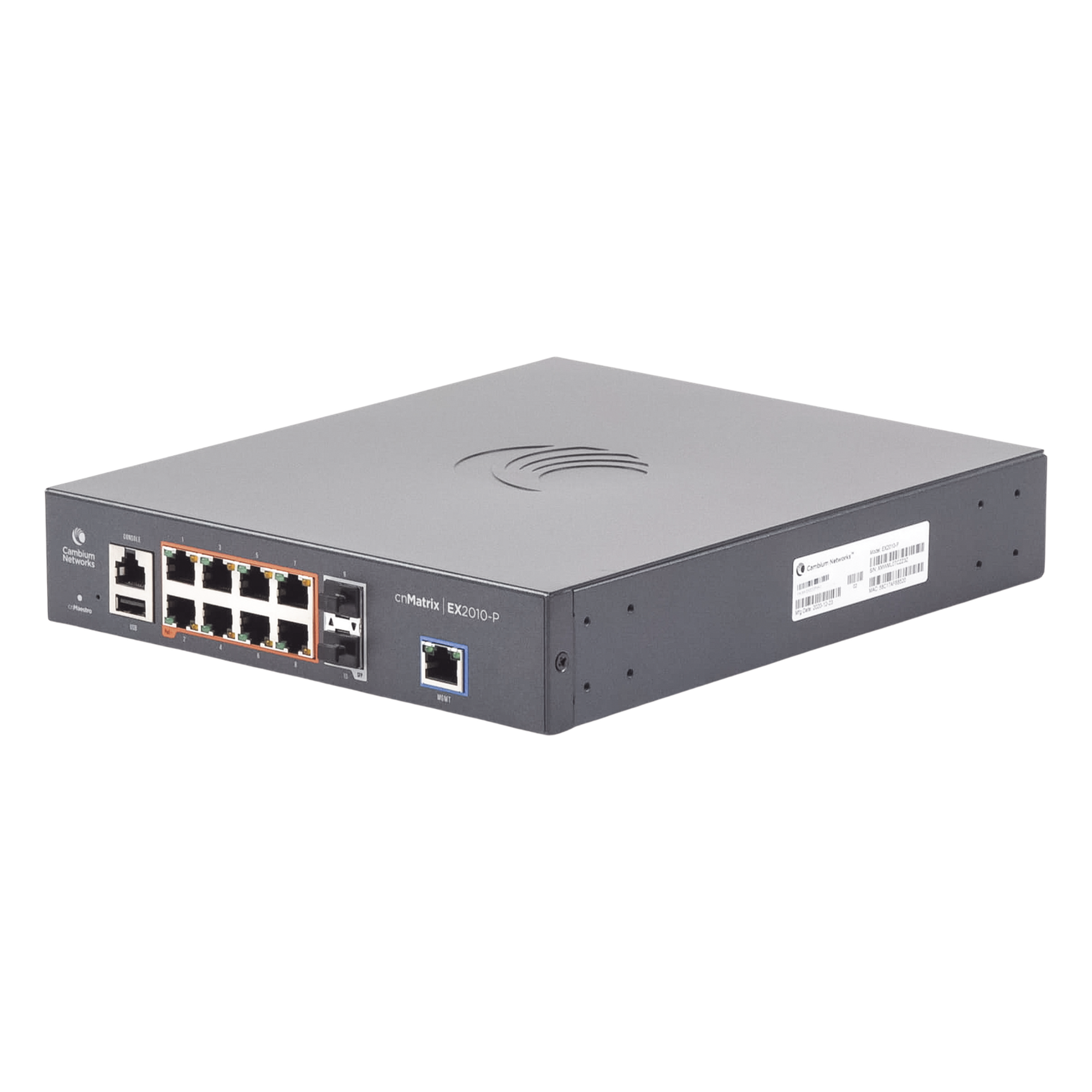 Switch Capa 3 / 10 Puertos / 8 PoE Gigabit 802.3af/at / 2 SFP / 20 Gbps Rendimiento / Administración en la Nube — CAMBIUM NETWORKS · SKU MX-EX2010PXA-U