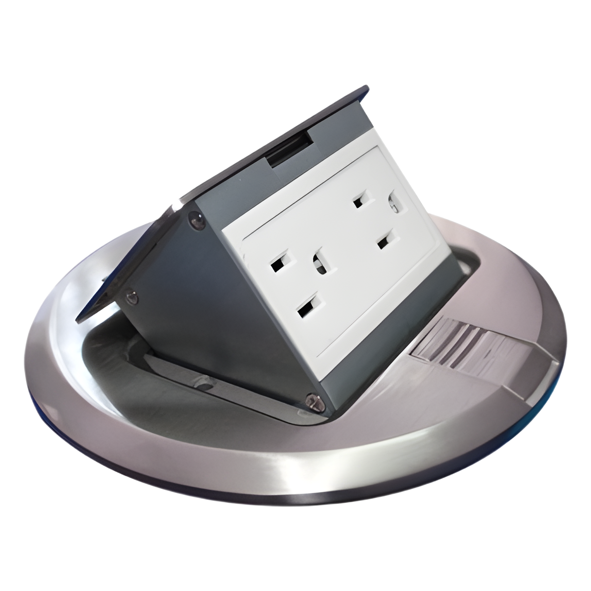 Mini Caja de Piso Redonda / Acero Inoxidable / 2 Contactos / 15 A ANCE / 150x150x70 mm / 0.92 lb / 5.9x5.9x2.8 pulg — THORSMAN · SKU TH-MCPR-A