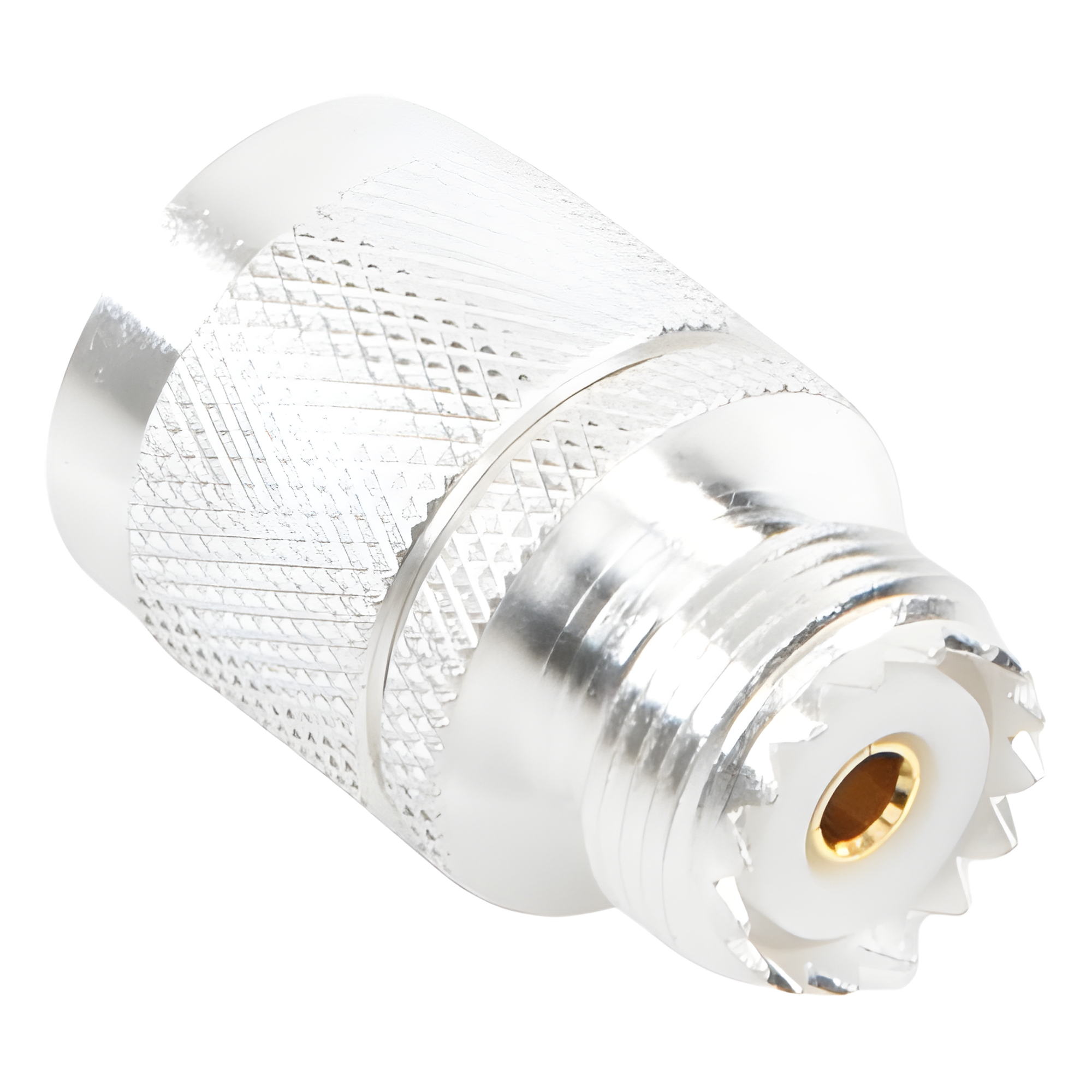 Adaptador Coaxial en Línea / Conector N Macho a UHF Hembra (SO-239) / Cuerpo Bronce Plateado / Contacto Oro / Aislante Teflón