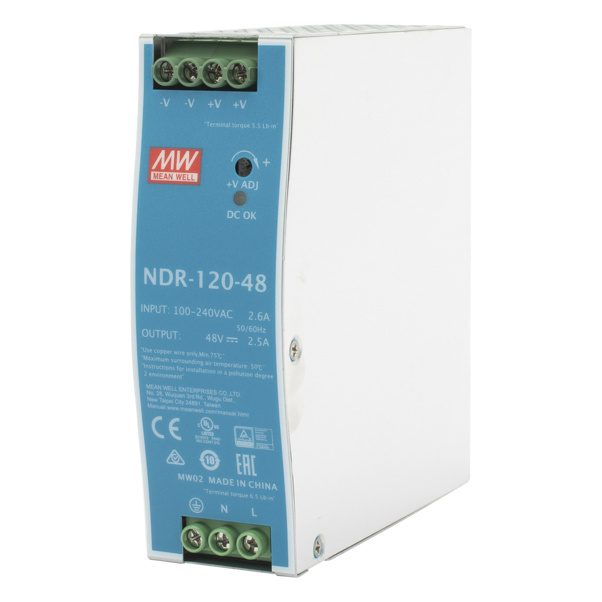 Fuente de poder industrial / 120 W / 48 Vcc / 2.5 A / Entrada universal 90~264 VCA / Riel DIN — MEANWELL · SKU NDR-120-48