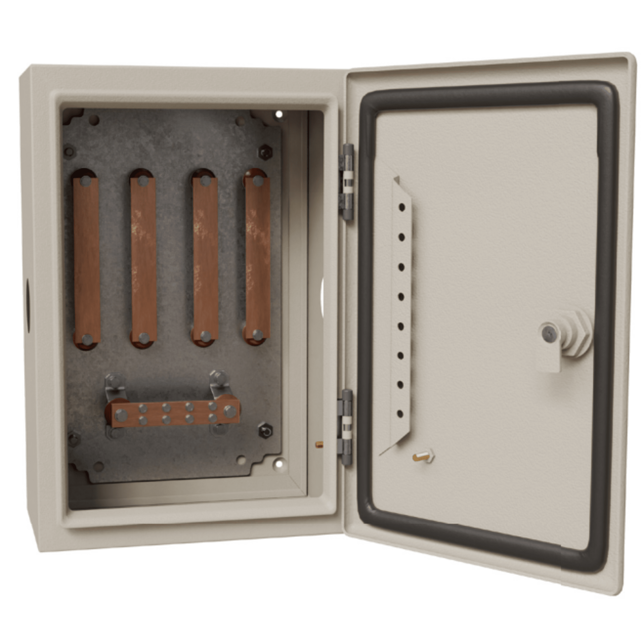 Gabinete de Distribución Eléctrica / 940 A / 4 Soleras de Cobre / 100 x 80 x 30 cm (39.4 x 31.5 x 11.8 in) / Acero al Carbono / Terminales 5/16' — TOTAL GROUND · SKU TG-BUE-4M