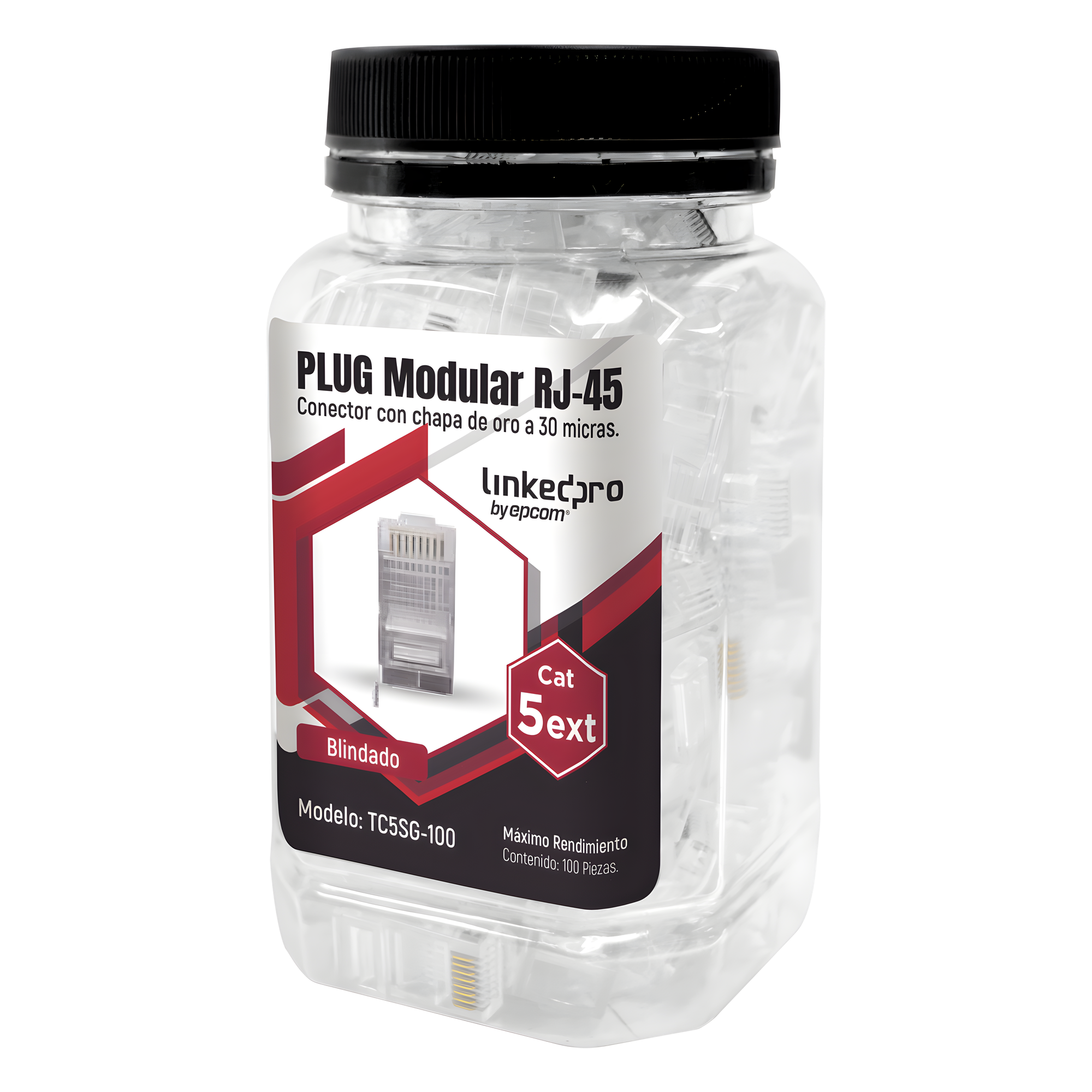 Plug Modular RJ45 Cat5e Blindado / 100 Piezas / Chapado Oro 30μ / Pin Tierra / 24AWG — LINKEDPRO BY EPCOM · SKU TC5SG-100