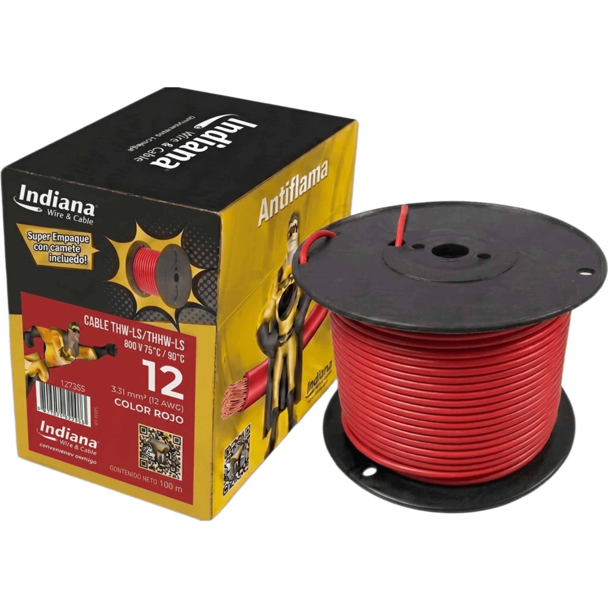 Cable THW-LS / Calibre 12 AWG / 19 Hilos / 90°C Seco / 75°C Mojado / Bobina 100 m (328 ft) — INDIANA · SKU SLY-308-RED/100
