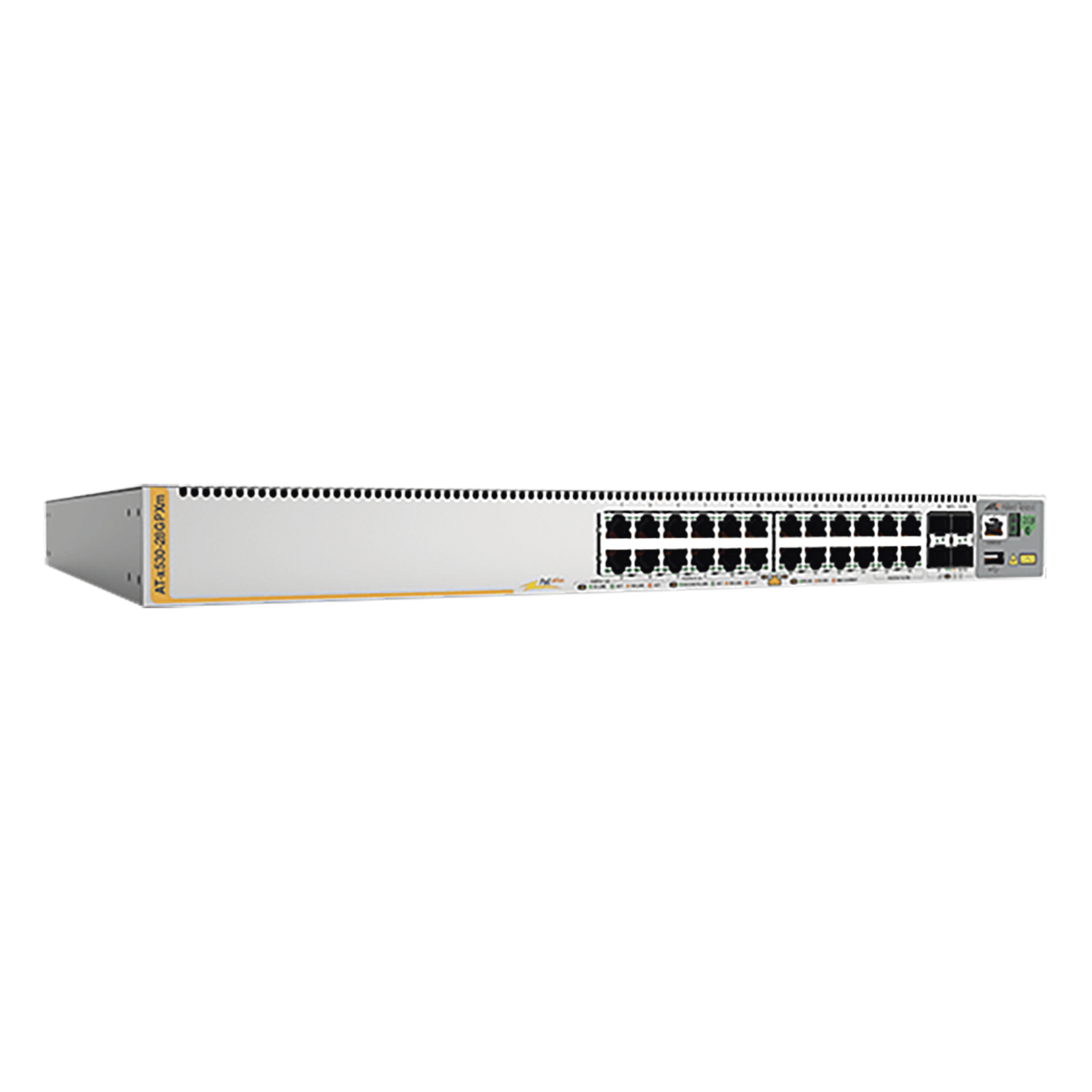 Switch PoE+ Stackeable Capa 3 / 20 puertos Gigabit + 4 Multi-Gigabit hasta 5G + 4 SFP+ 10G / 740W PoE+ / 160 Gbps / 119 Mpps — ALLIED TELESIS · SKU AT-X530-28GPXM-10